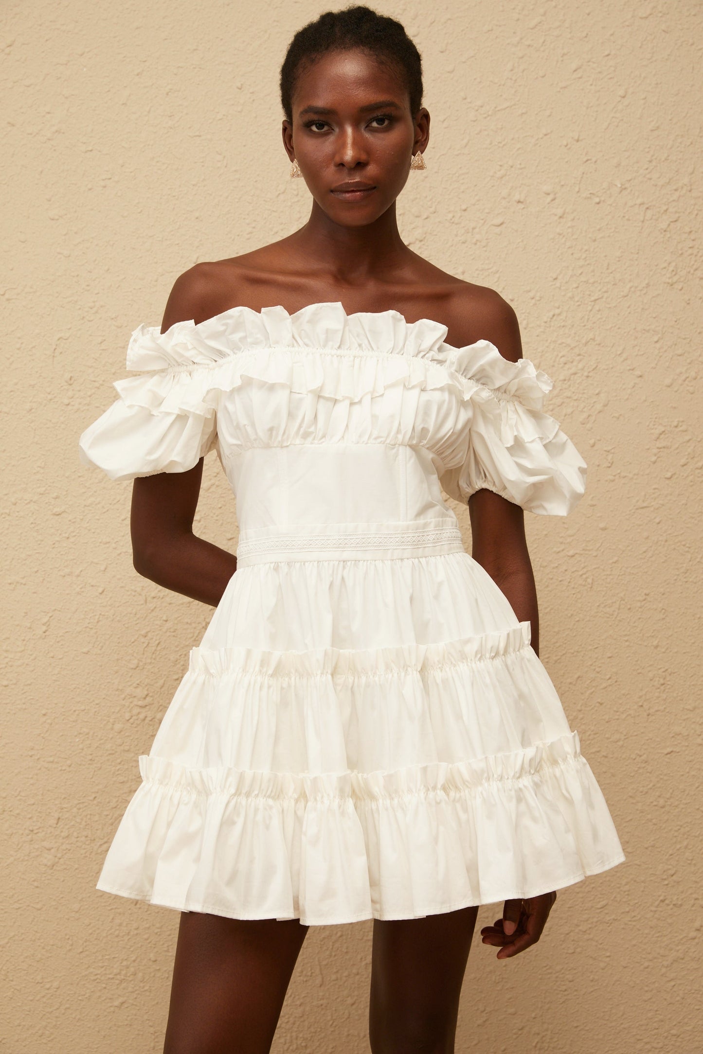 Irja White OffShoulder Shirred Mini Dress