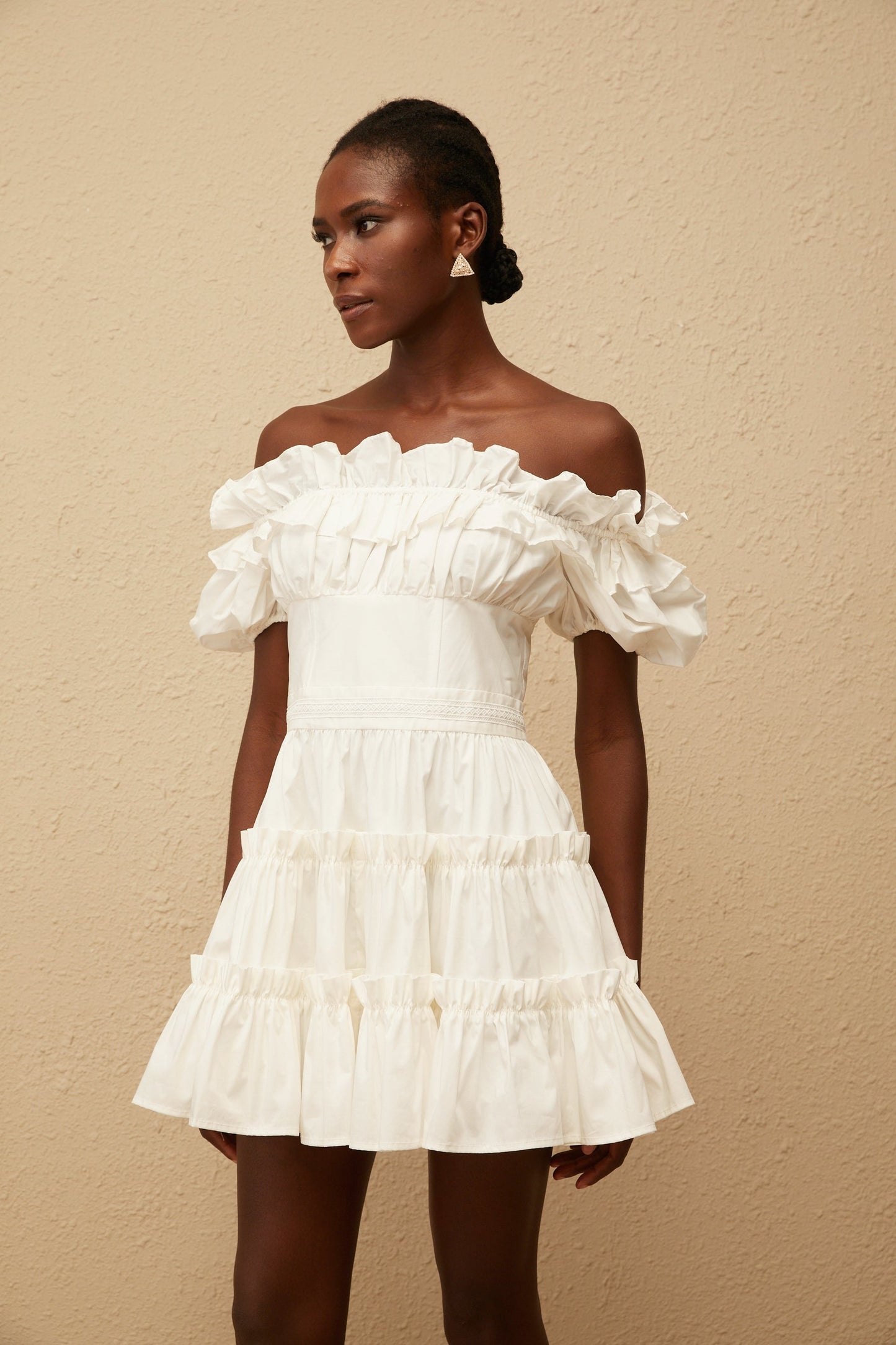 Irja White OffShoulder Shirred Mini Dress
