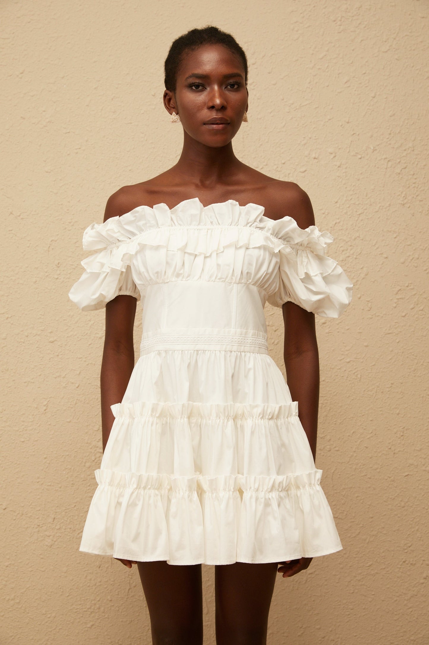 Irja White OffShoulder Shirred Mini Dress
