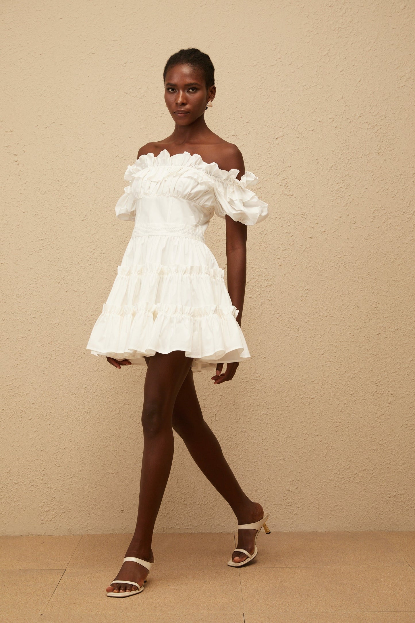 Irja White OffShoulder Shirred Mini Dress