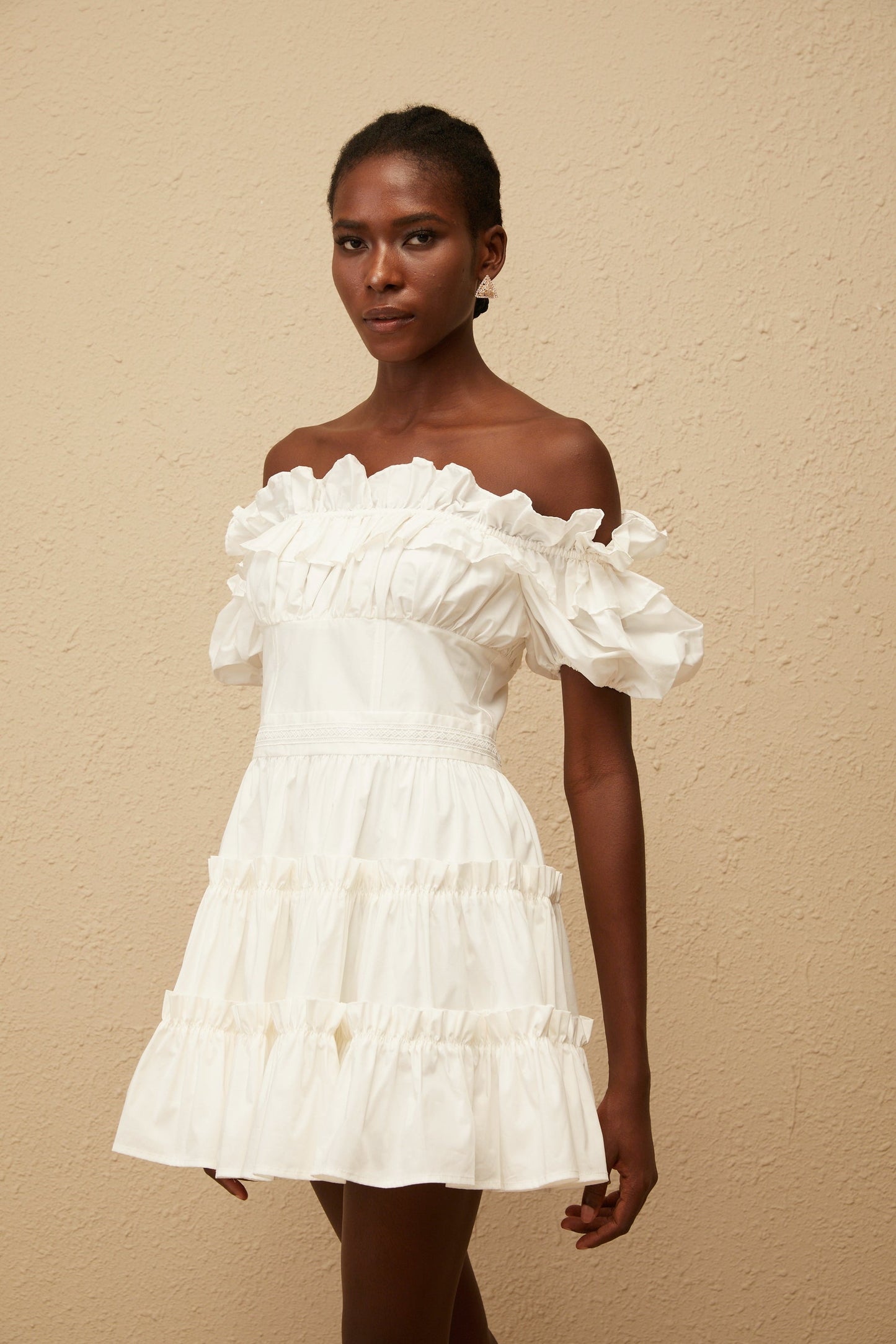 Irja White OffShoulder Shirred Mini Dress