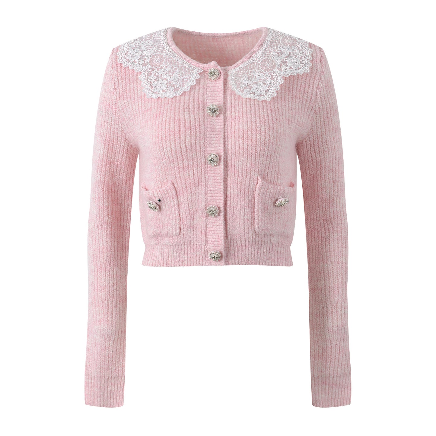 Pastel pink knit cardigan with lace collar and crystal buttons paired with a matching flared skirt