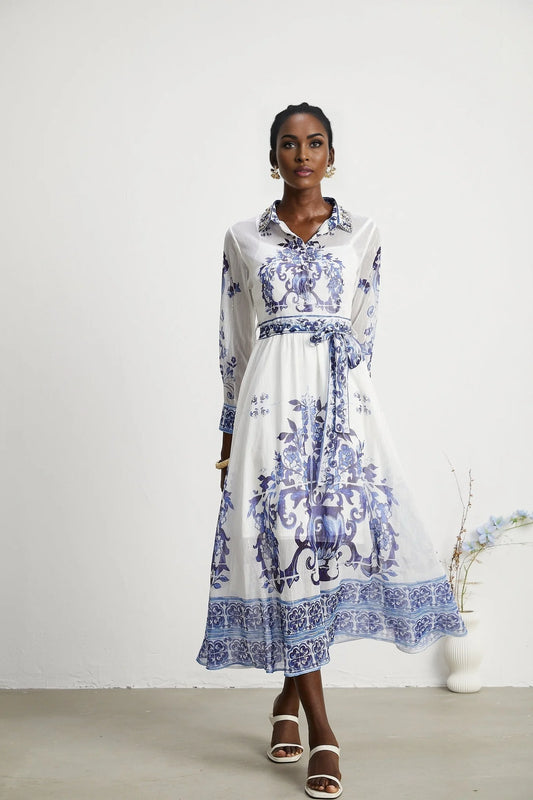 Isabelle patternprint cinchwaist midi dress