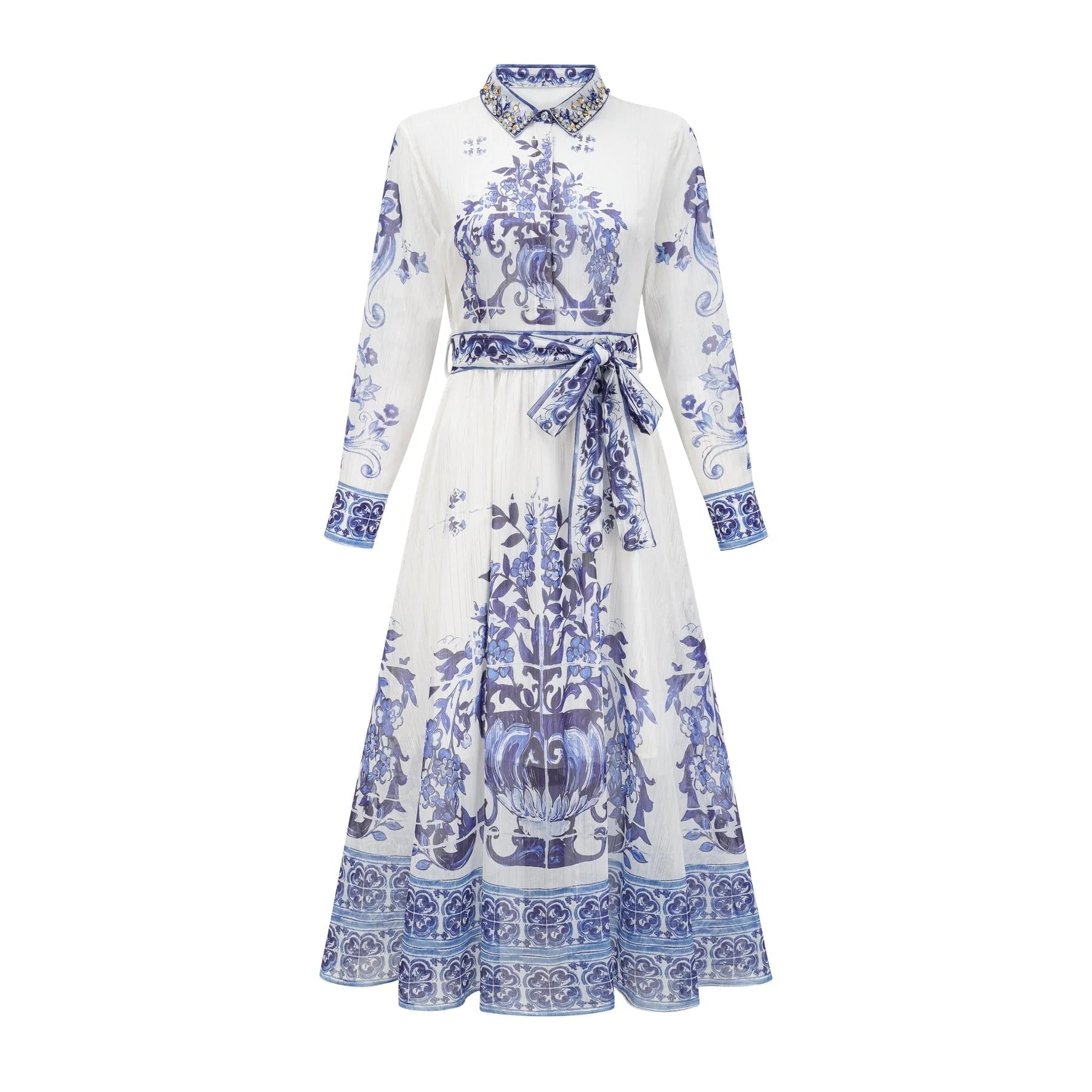 Isabelle patternprint cinchwaist midi dress