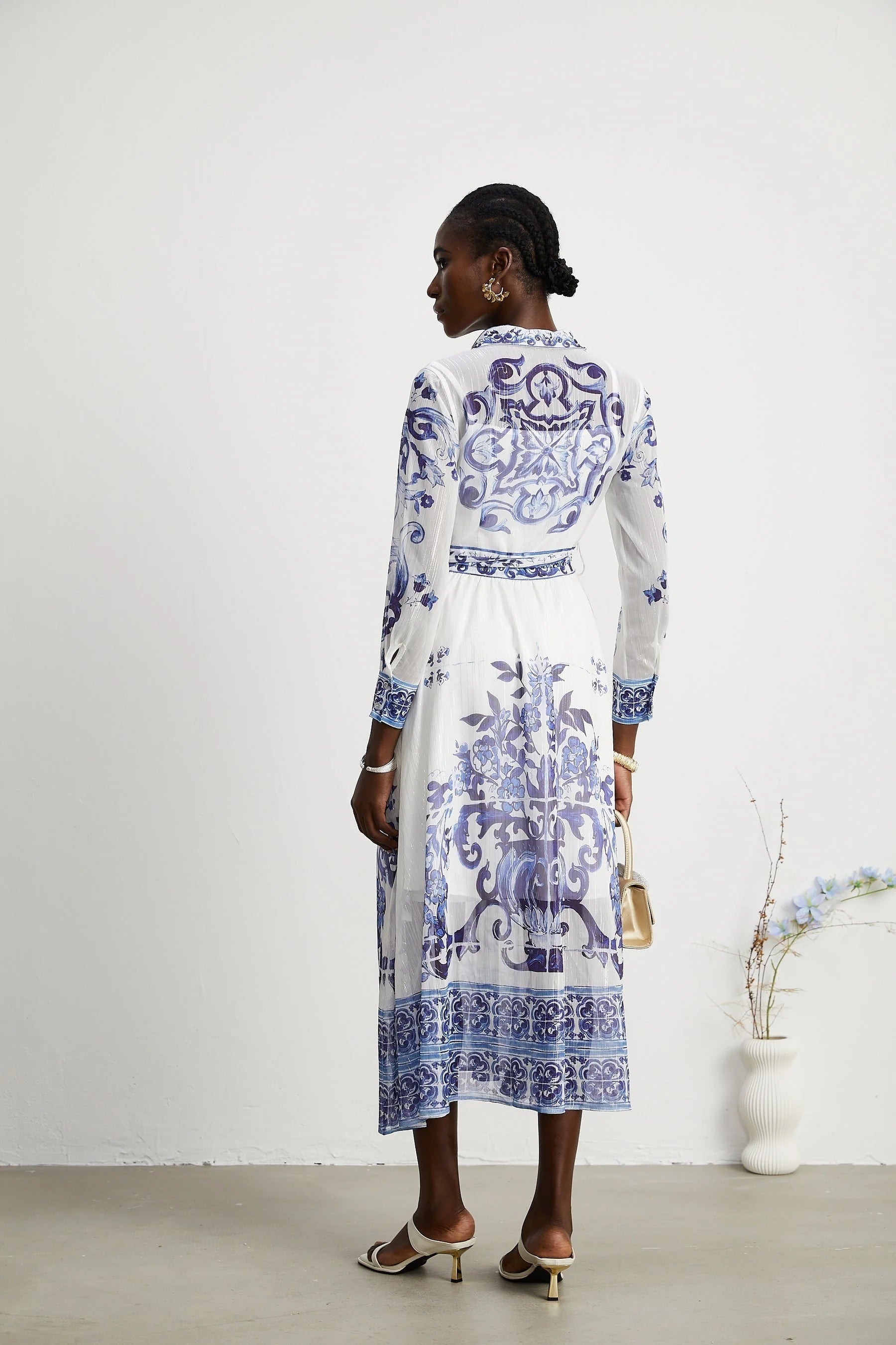 Isabelle patternprint cinchwaist midi dress