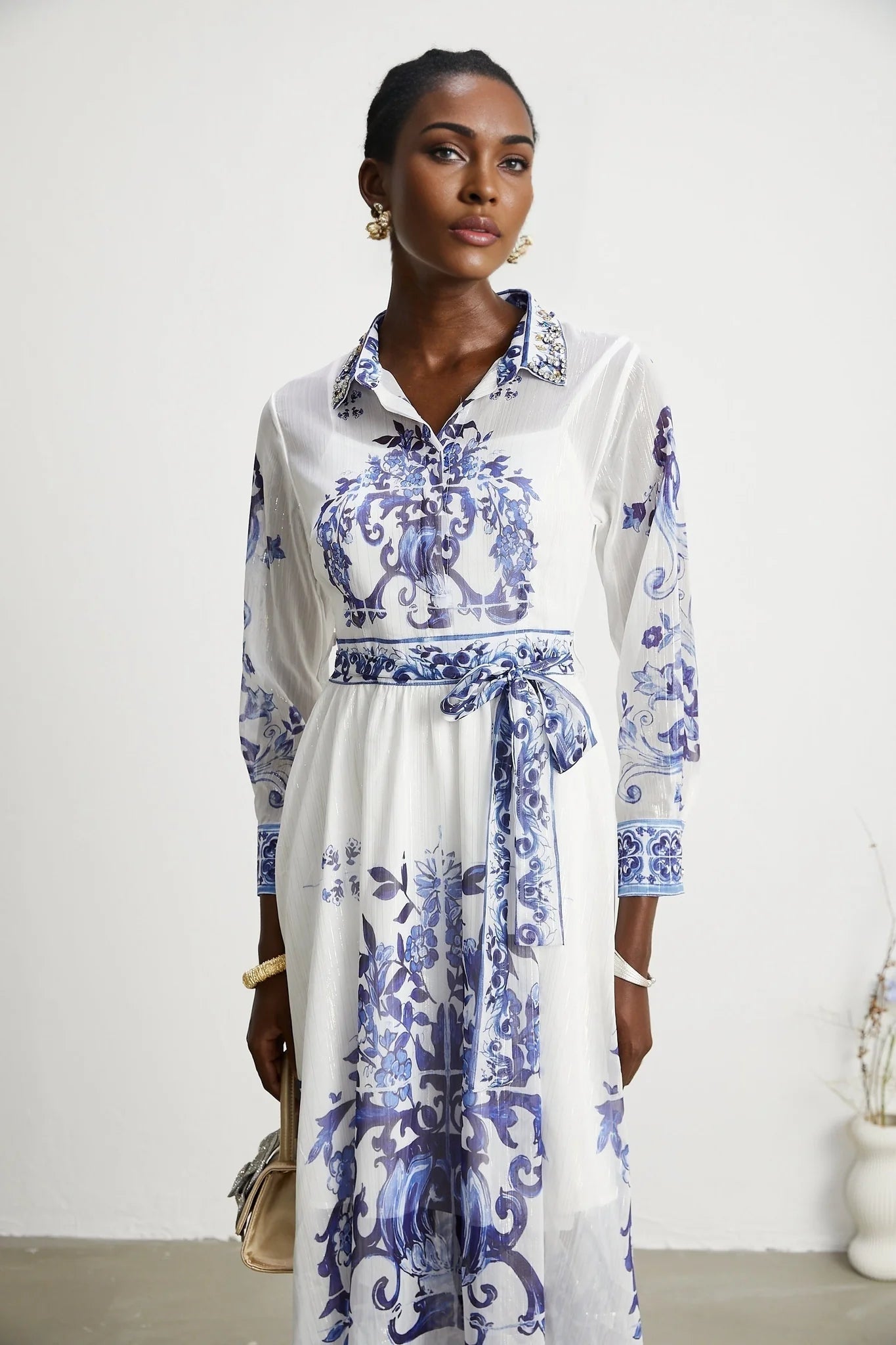 Isabelle patternprint cinchwaist midi dress