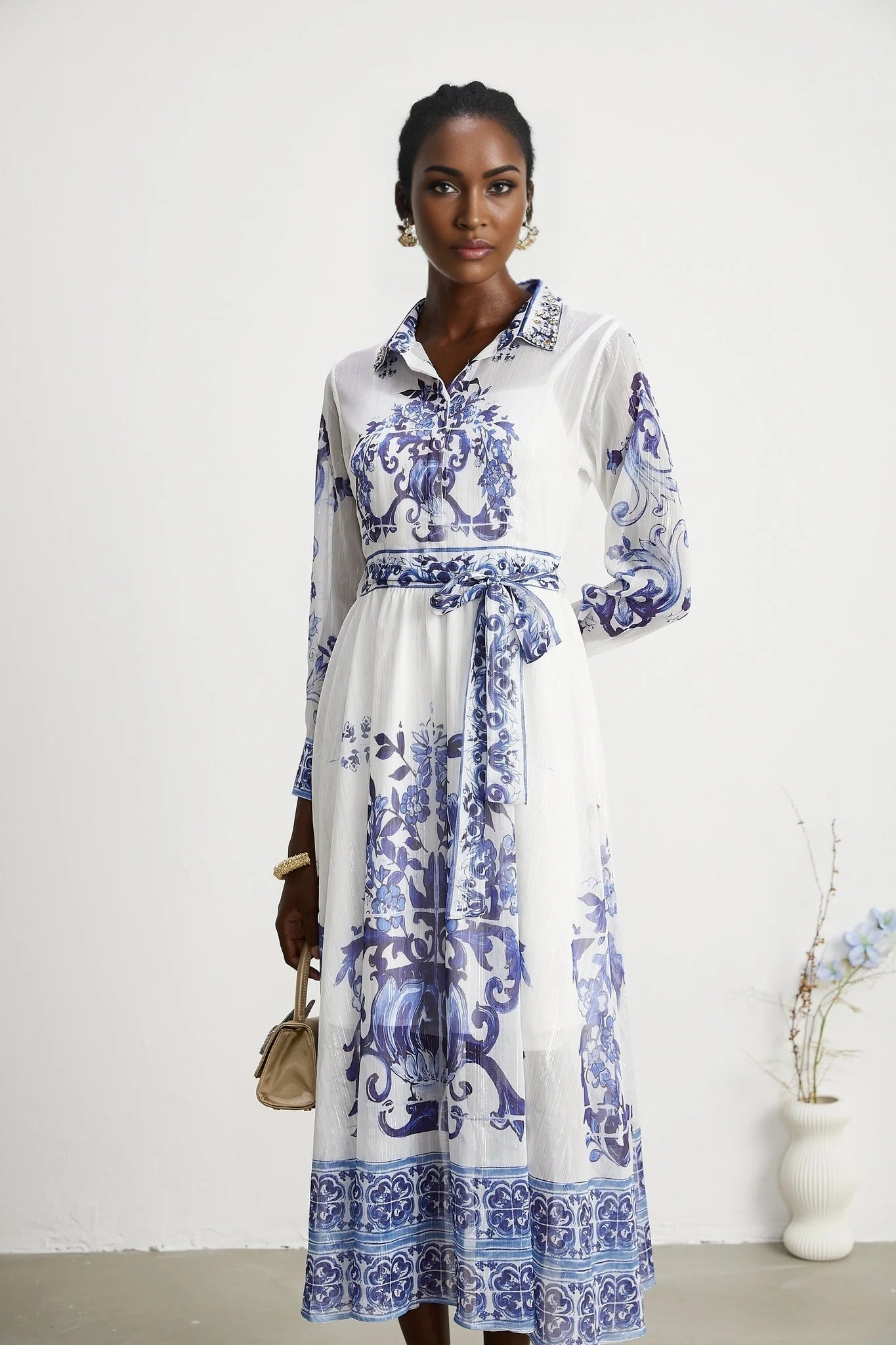 Isabelle patternprint cinchwaist midi dress