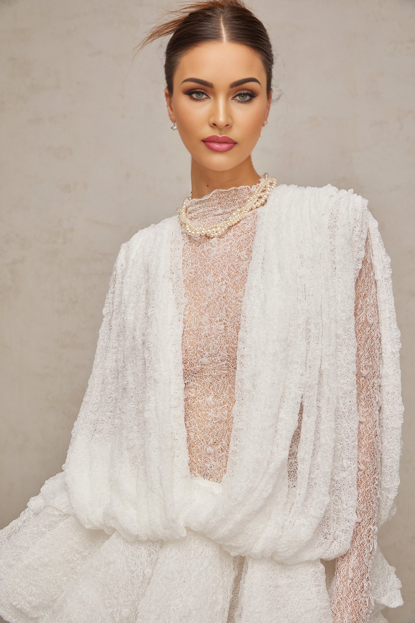 Isoline white semisheer lace top shorts dress matching set
