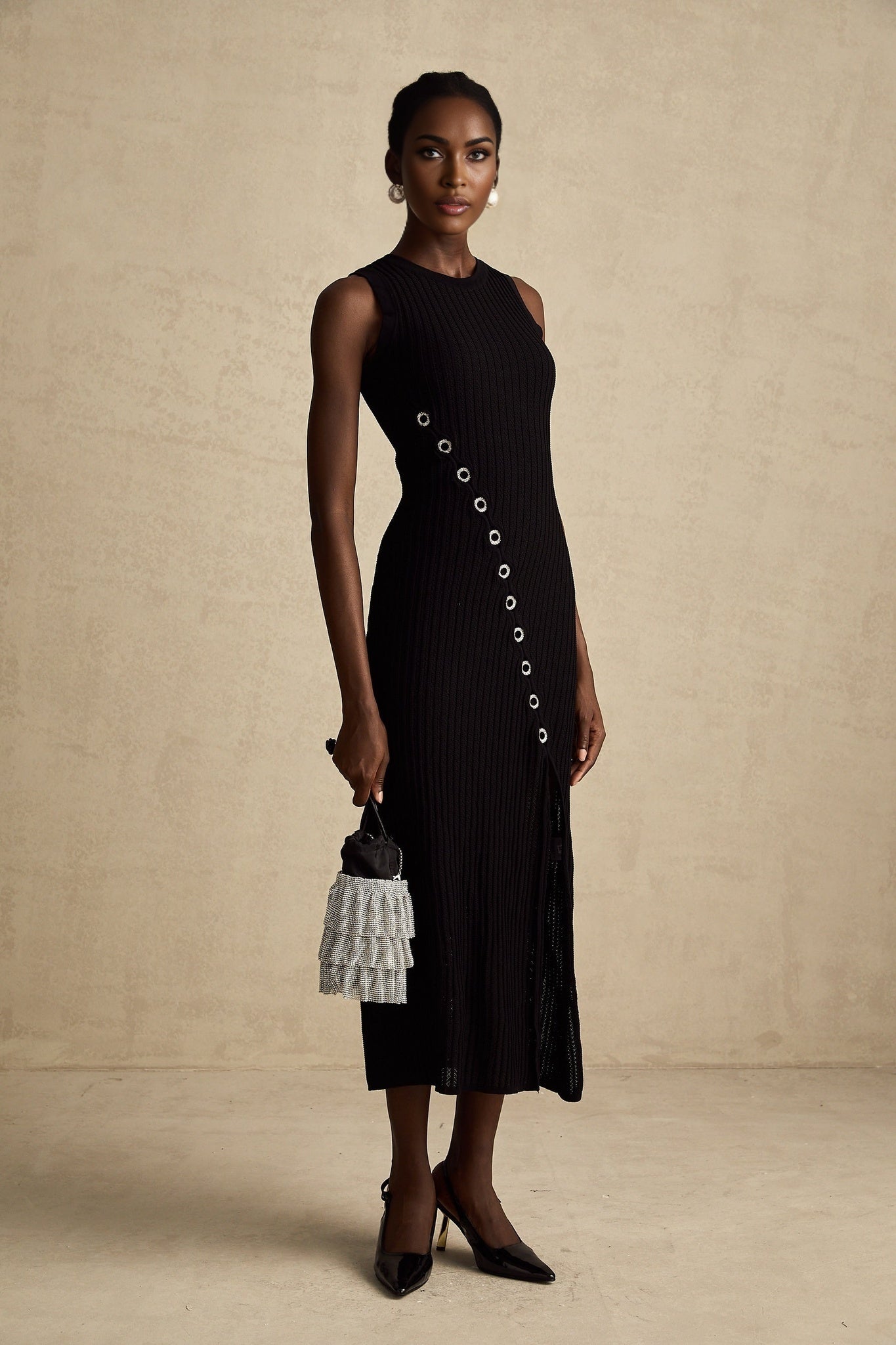 Jeanne black hoopembellished knitted midi dress