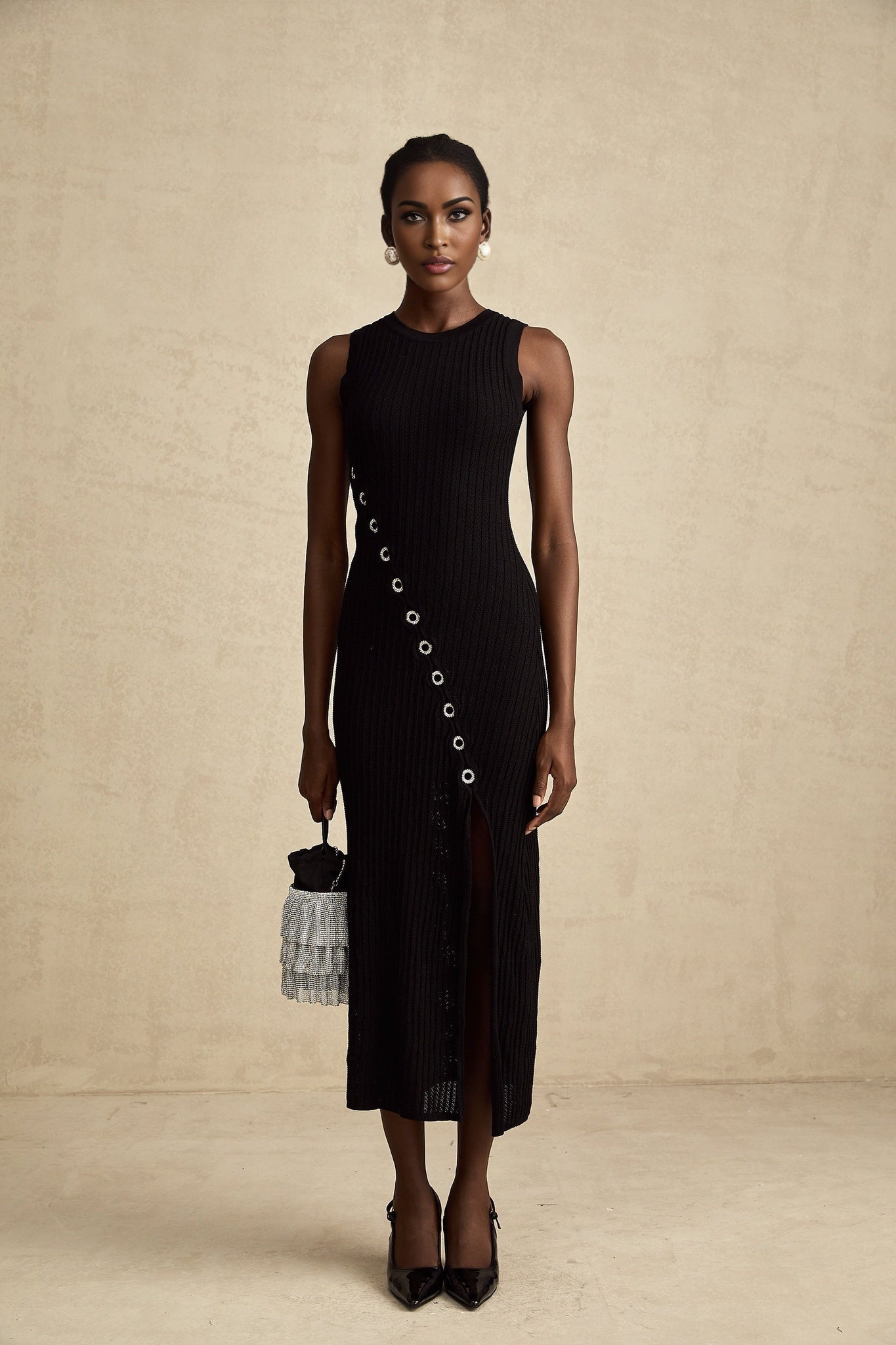 Jeanne black hoopembellished knitted midi dress