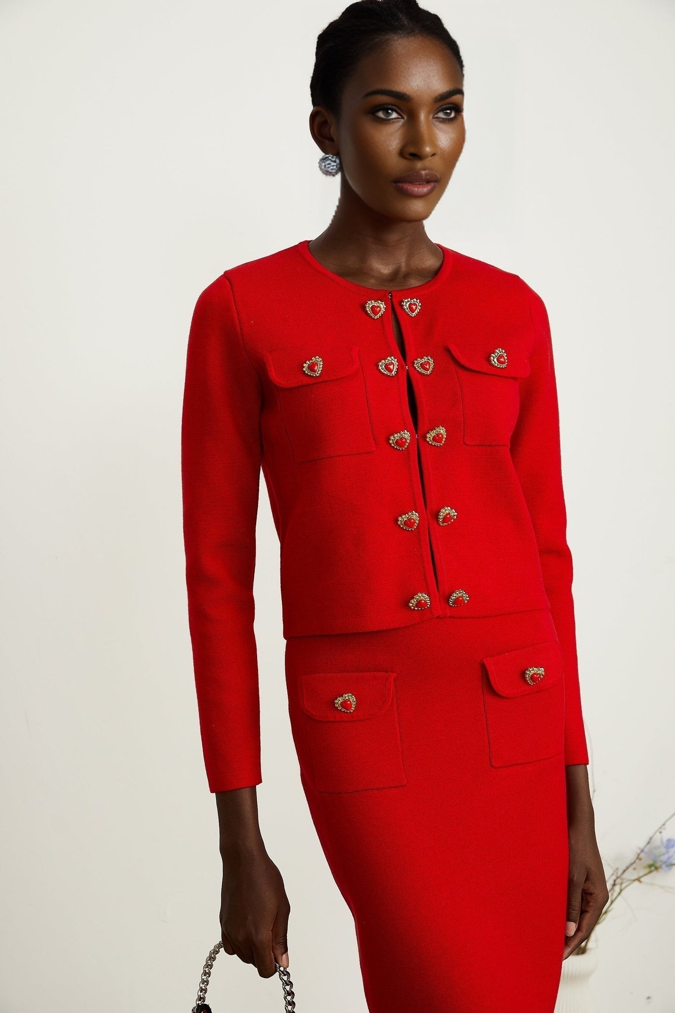 Jessica red sweetheart knitted cardigan skirt matching set