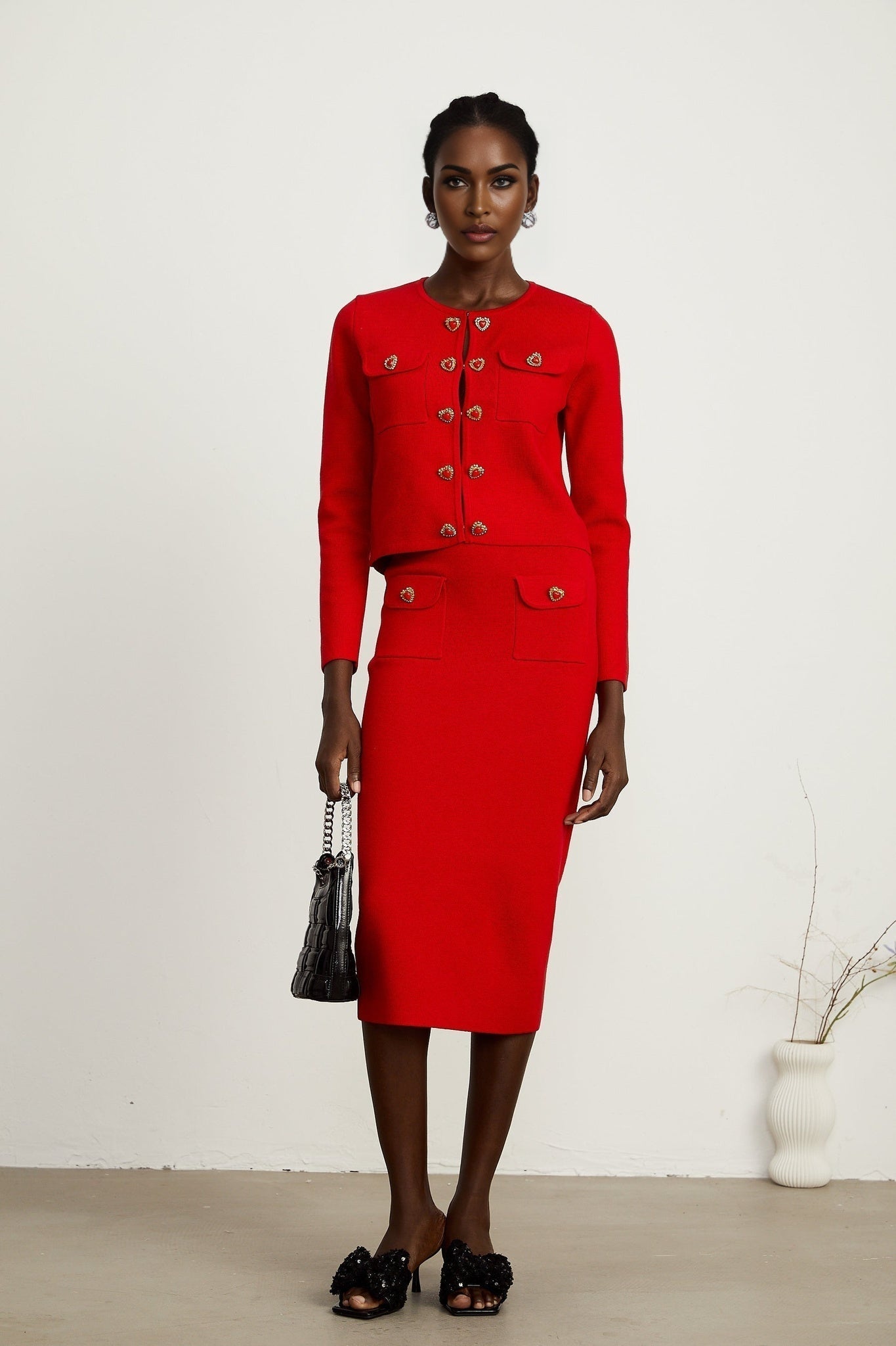 Jessica red sweetheart knitted cardigan skirt matching set