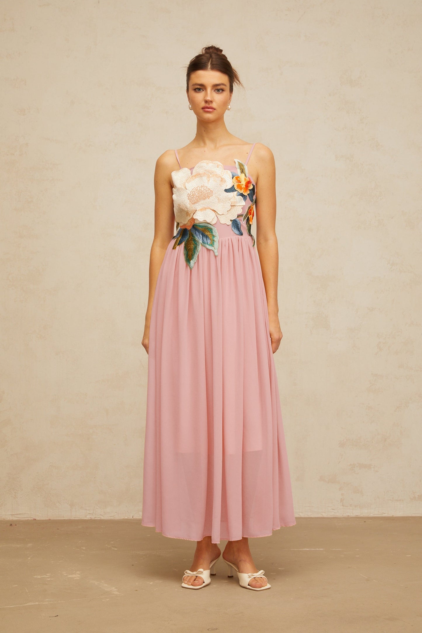 Josette floralembroidered shirred maxi dress in Pink