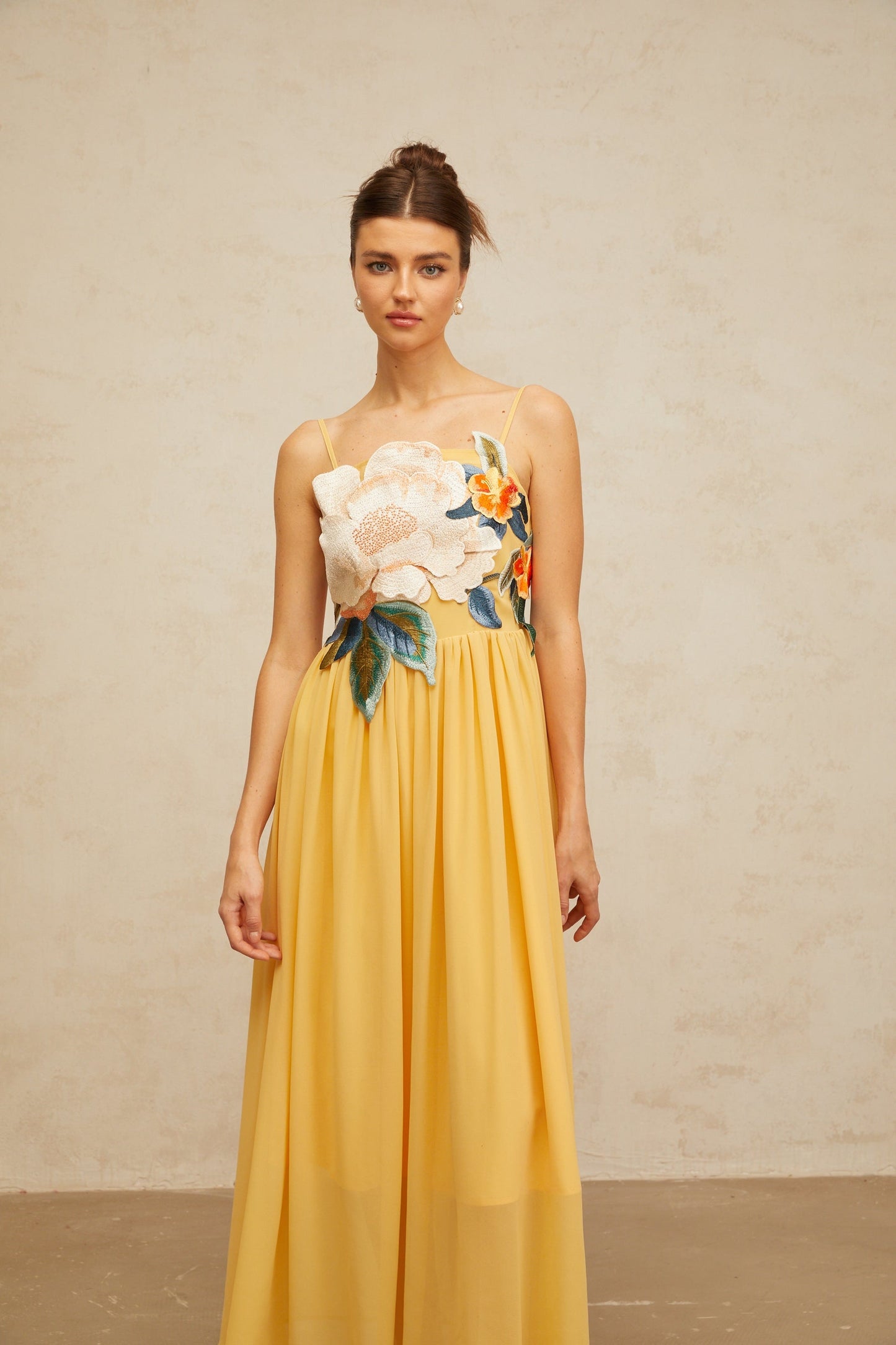 Josette floralembroidered shirred maxi dress in Yellow