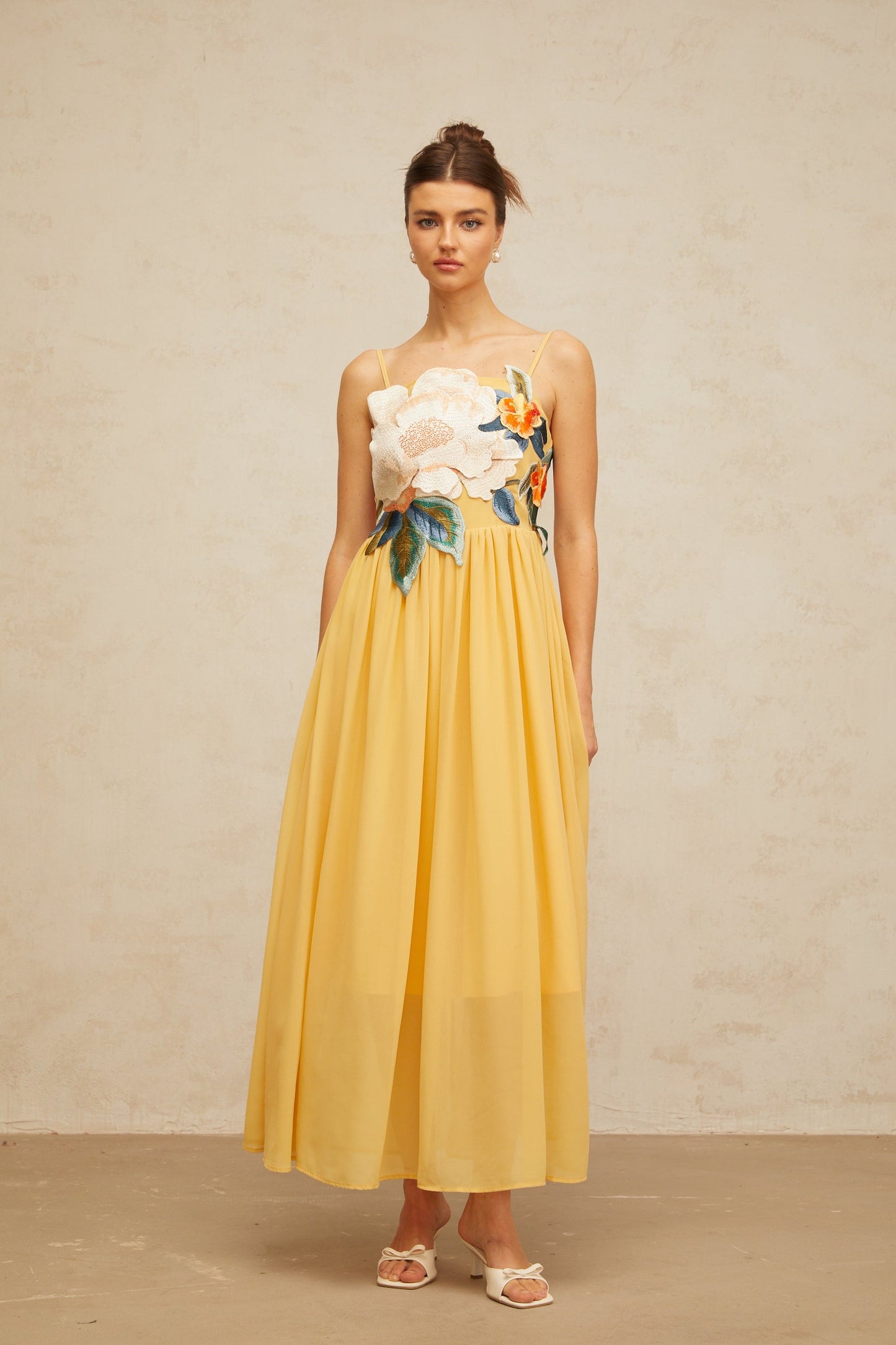 Josette floralembroidered shirred maxi dress in Yellow