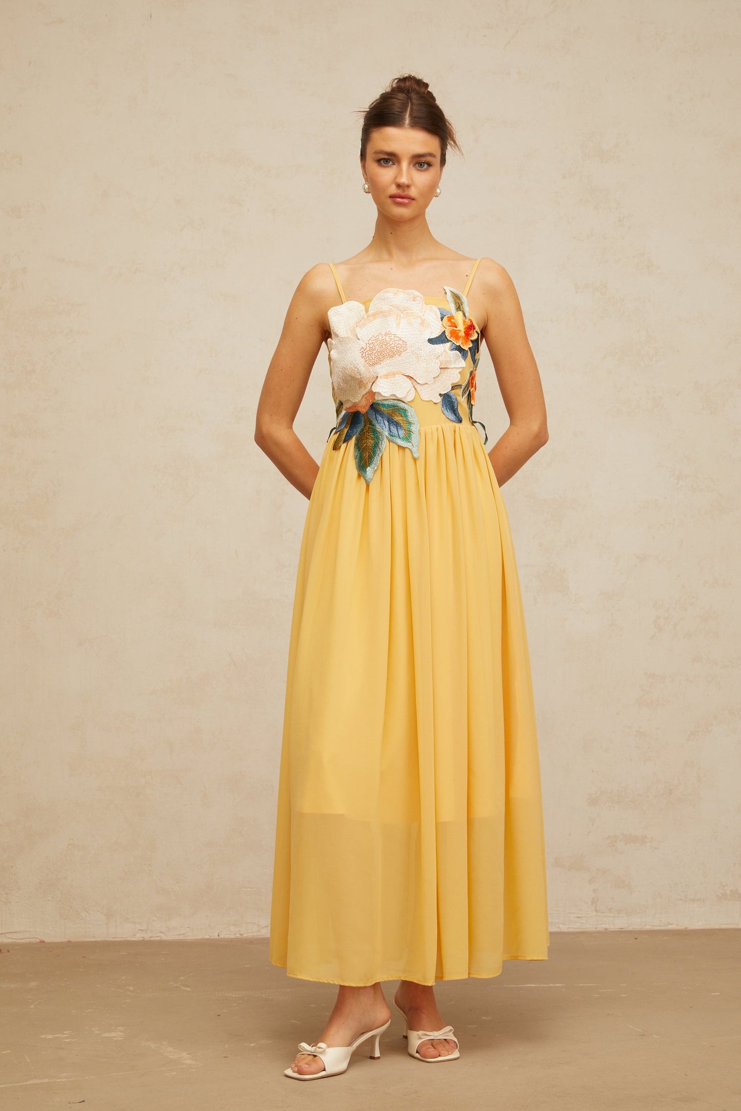 Josette floralembroidered shirred maxi dress in Yellow