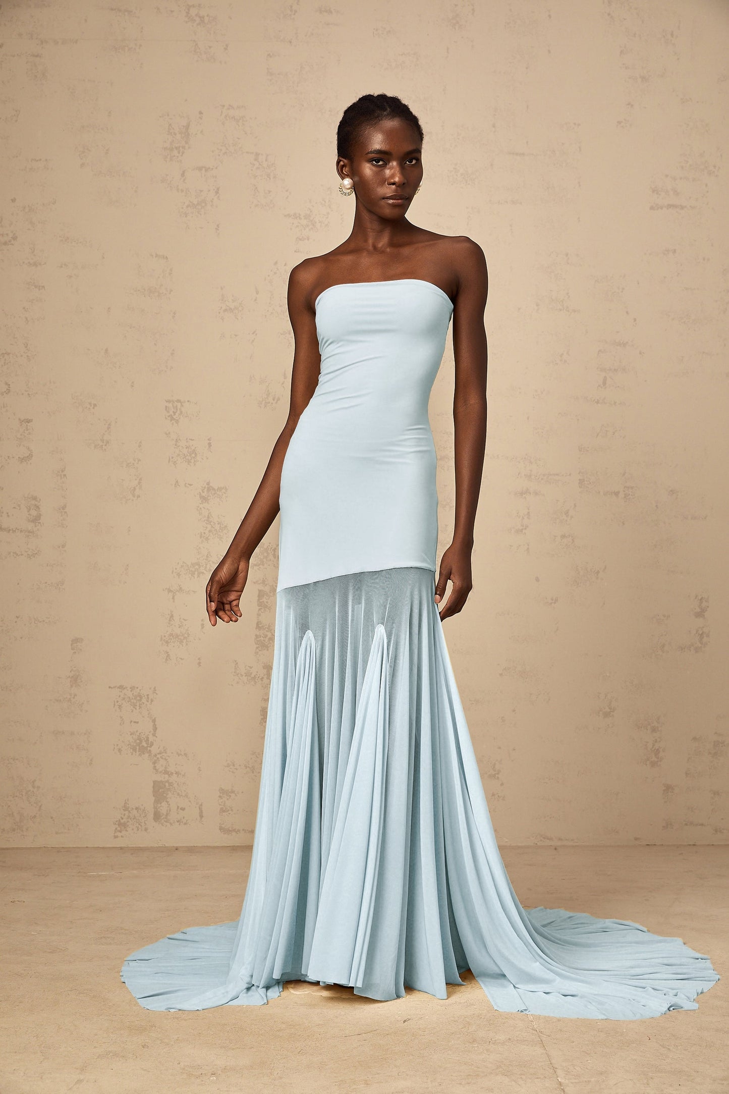 Josiane Blue Offshoulder Sheer Tulle Maxi Dress