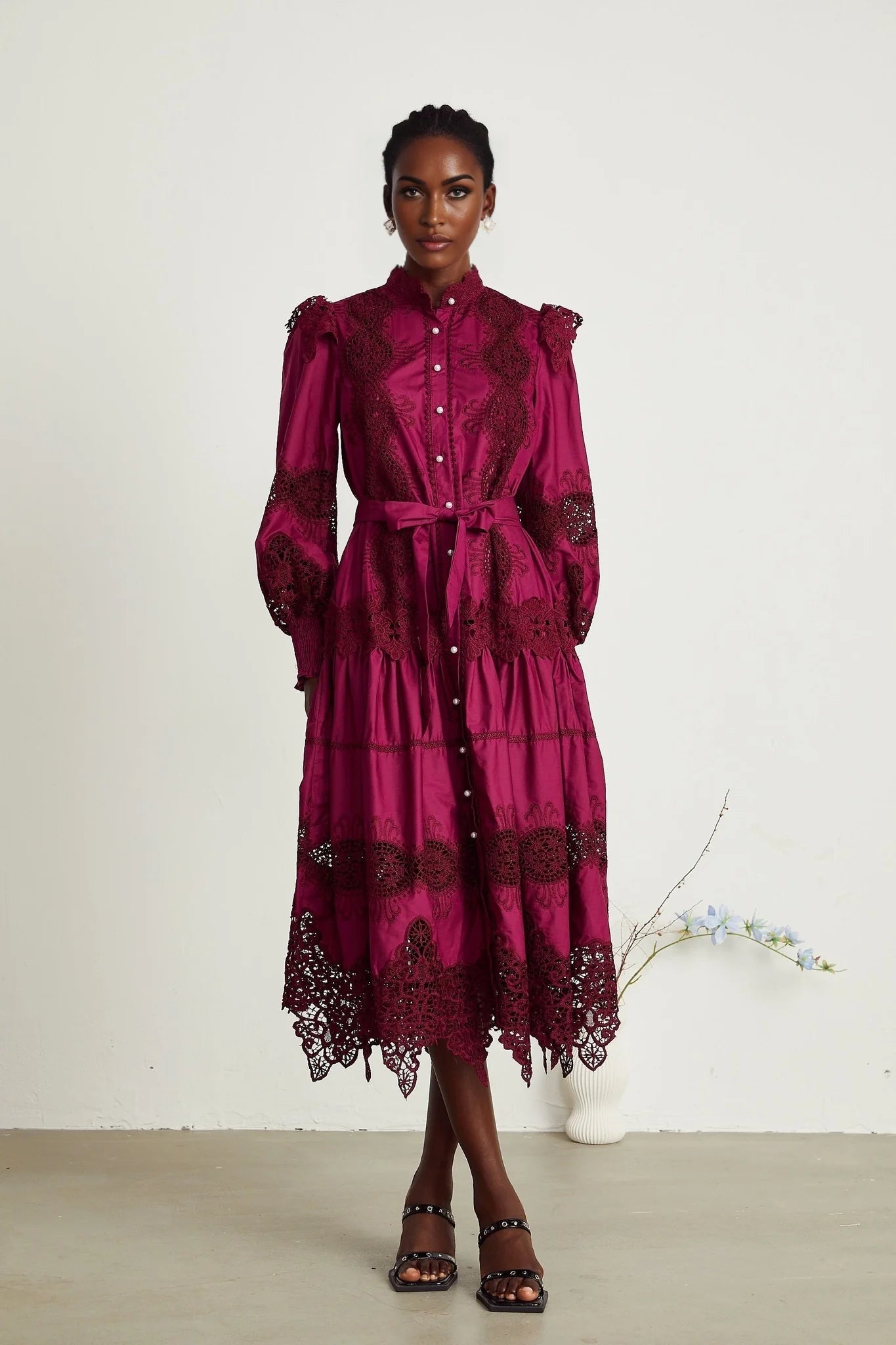 Josiane red guipurelace midi dress