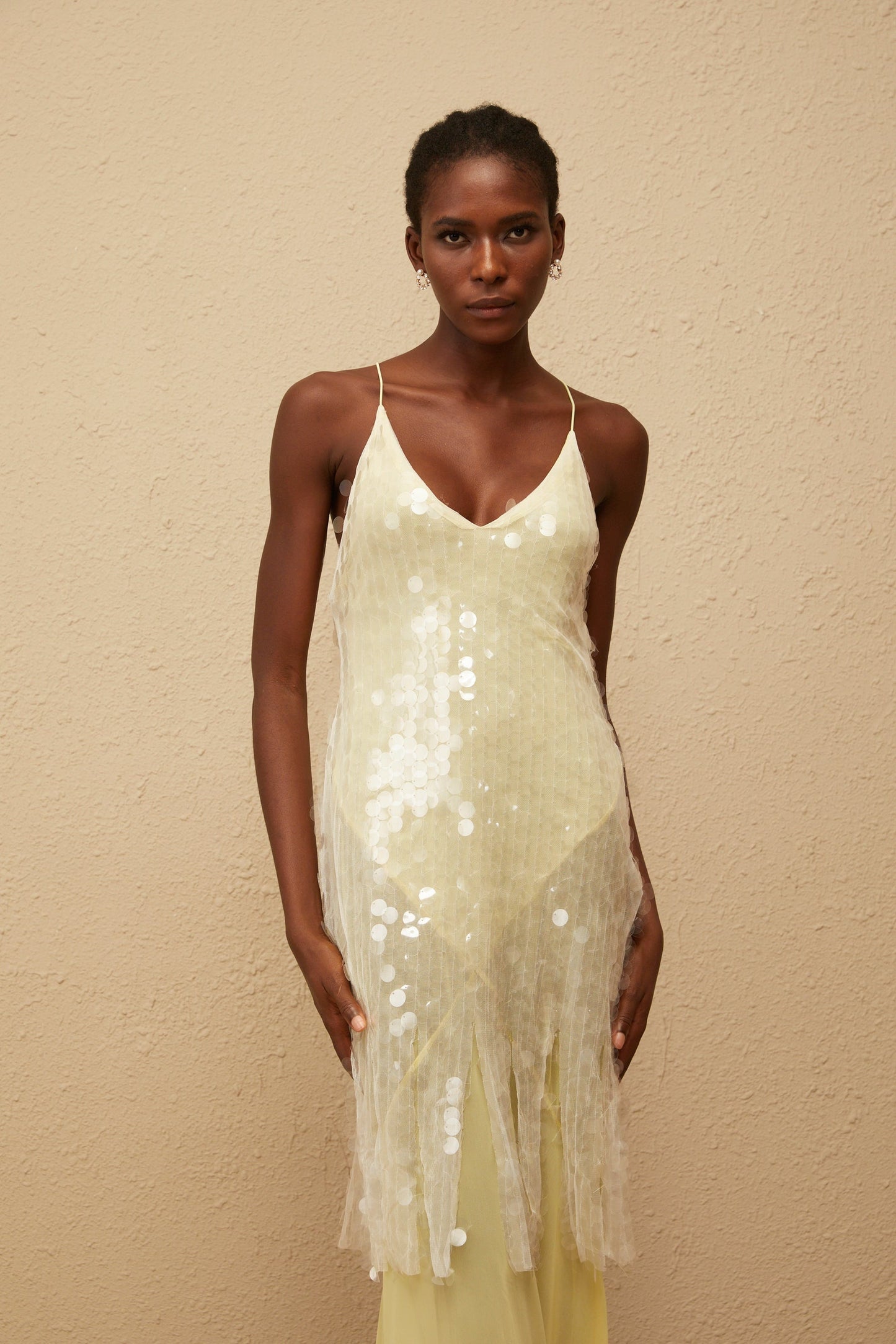 Joyau Yellow Sequin Mesh Maxi Dress