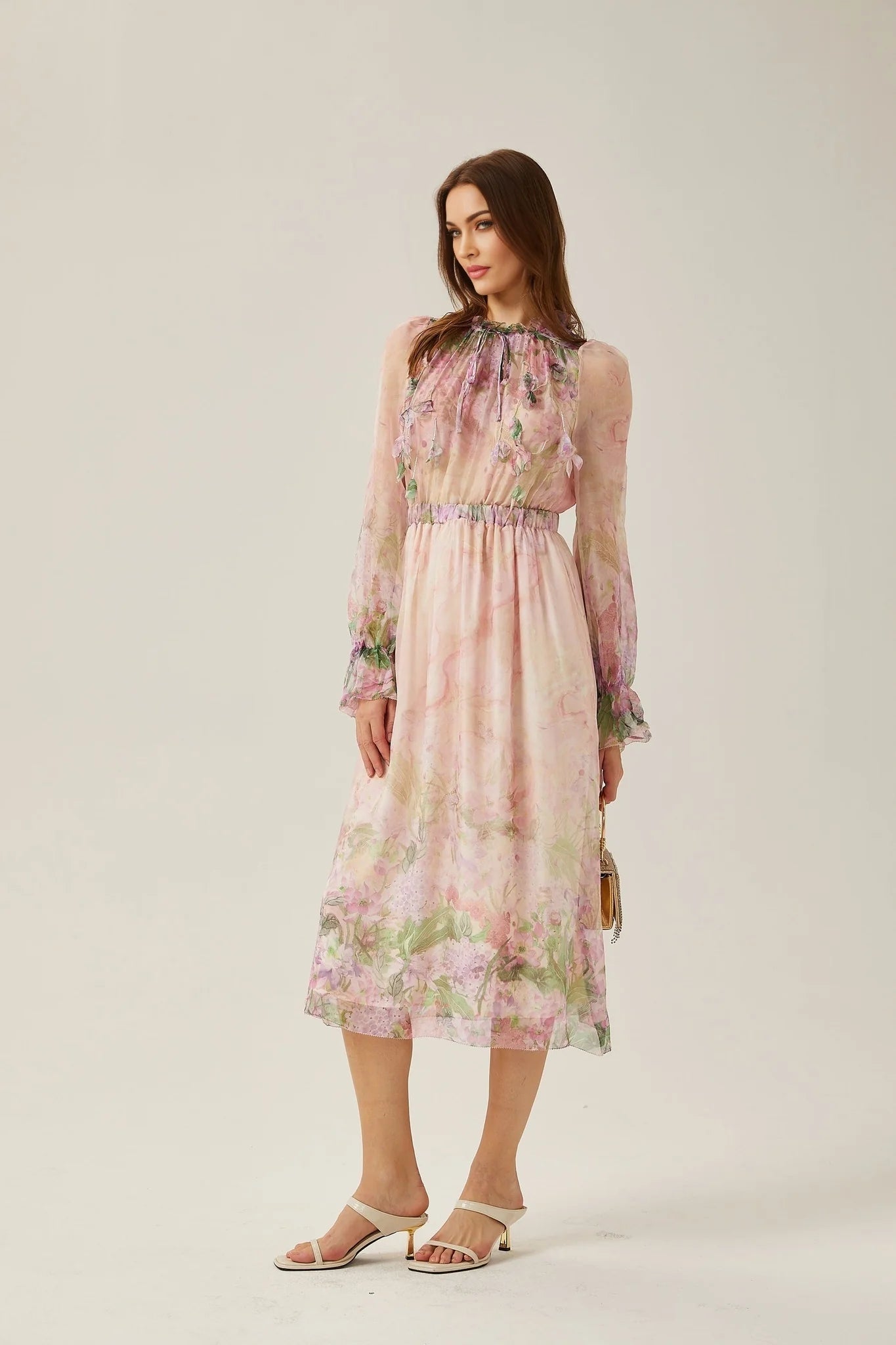 Justine floralprint cinchedwaist midi dress