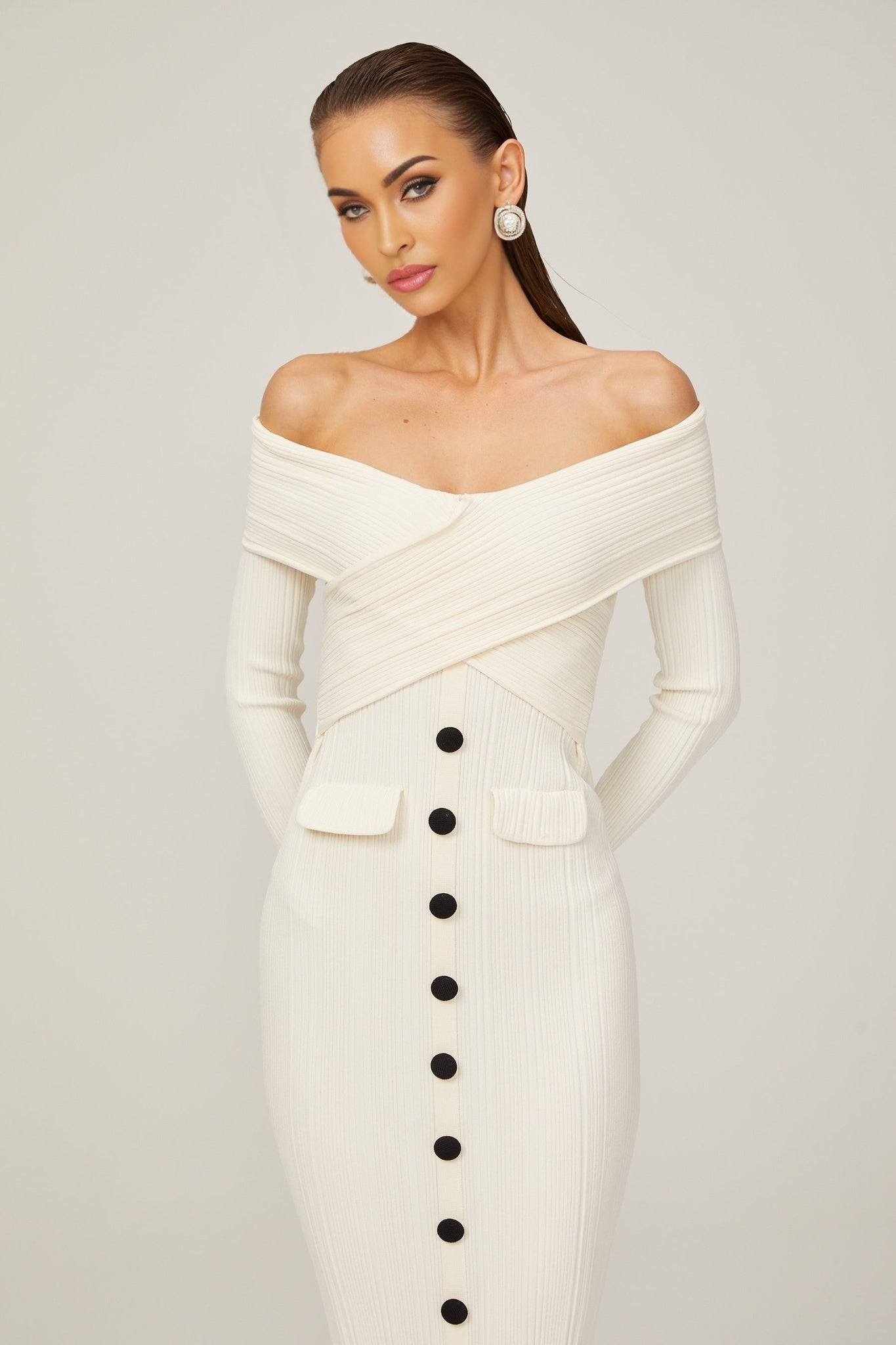 Karine white offshoulder ribknit midi dress
