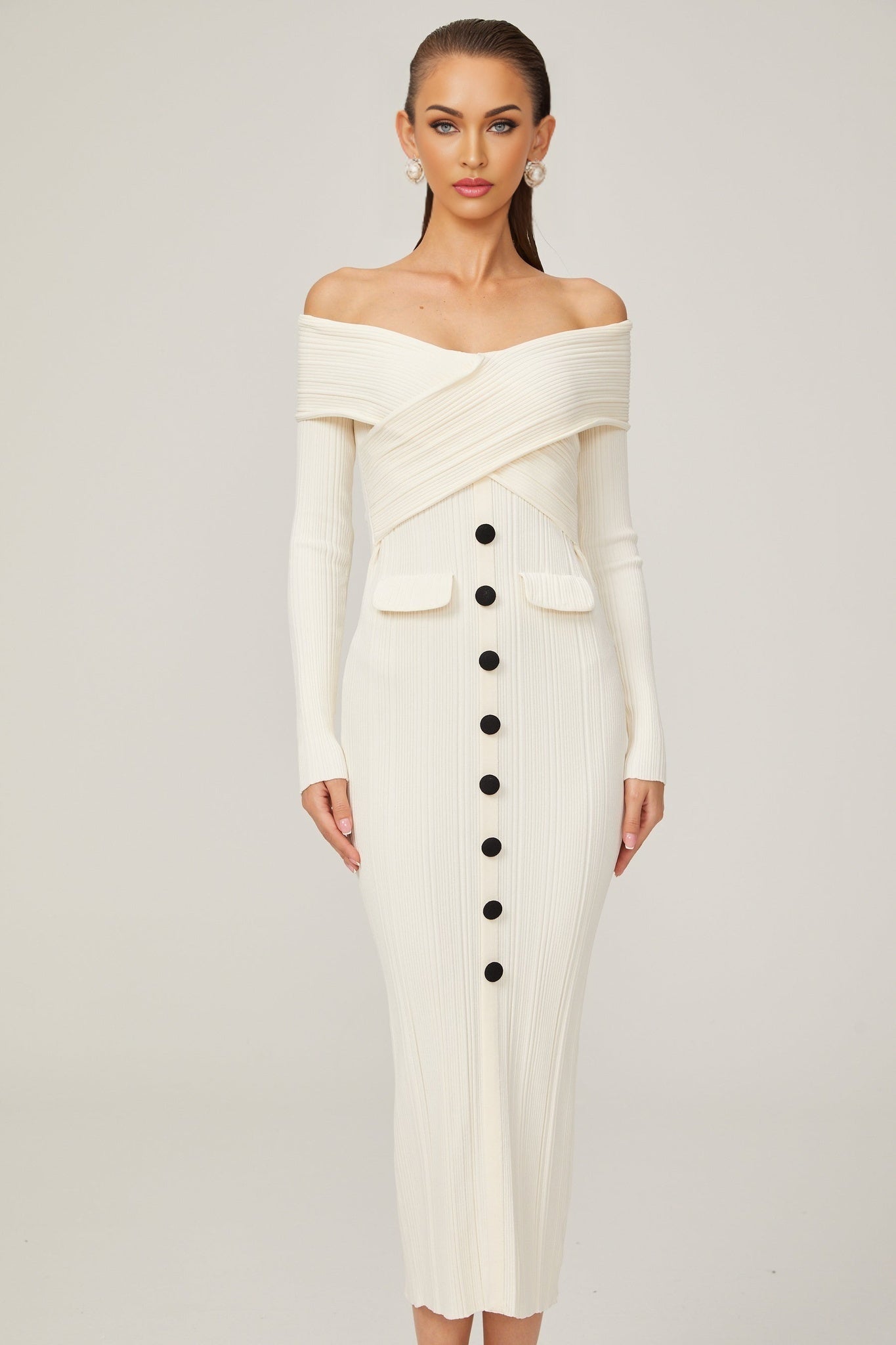 Karine white offshoulder ribknit midi dress