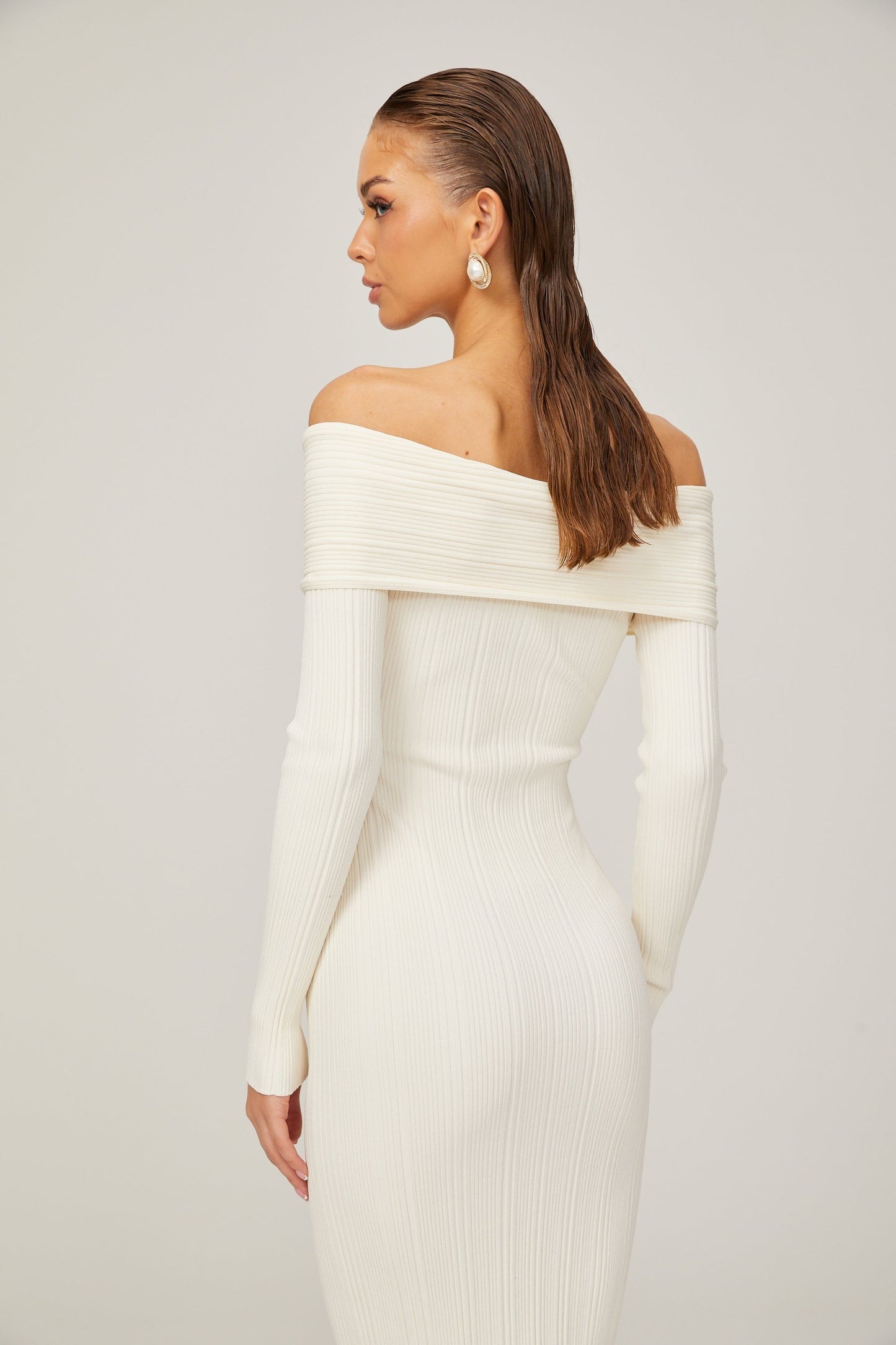 Karine white offshoulder ribknit midi dress