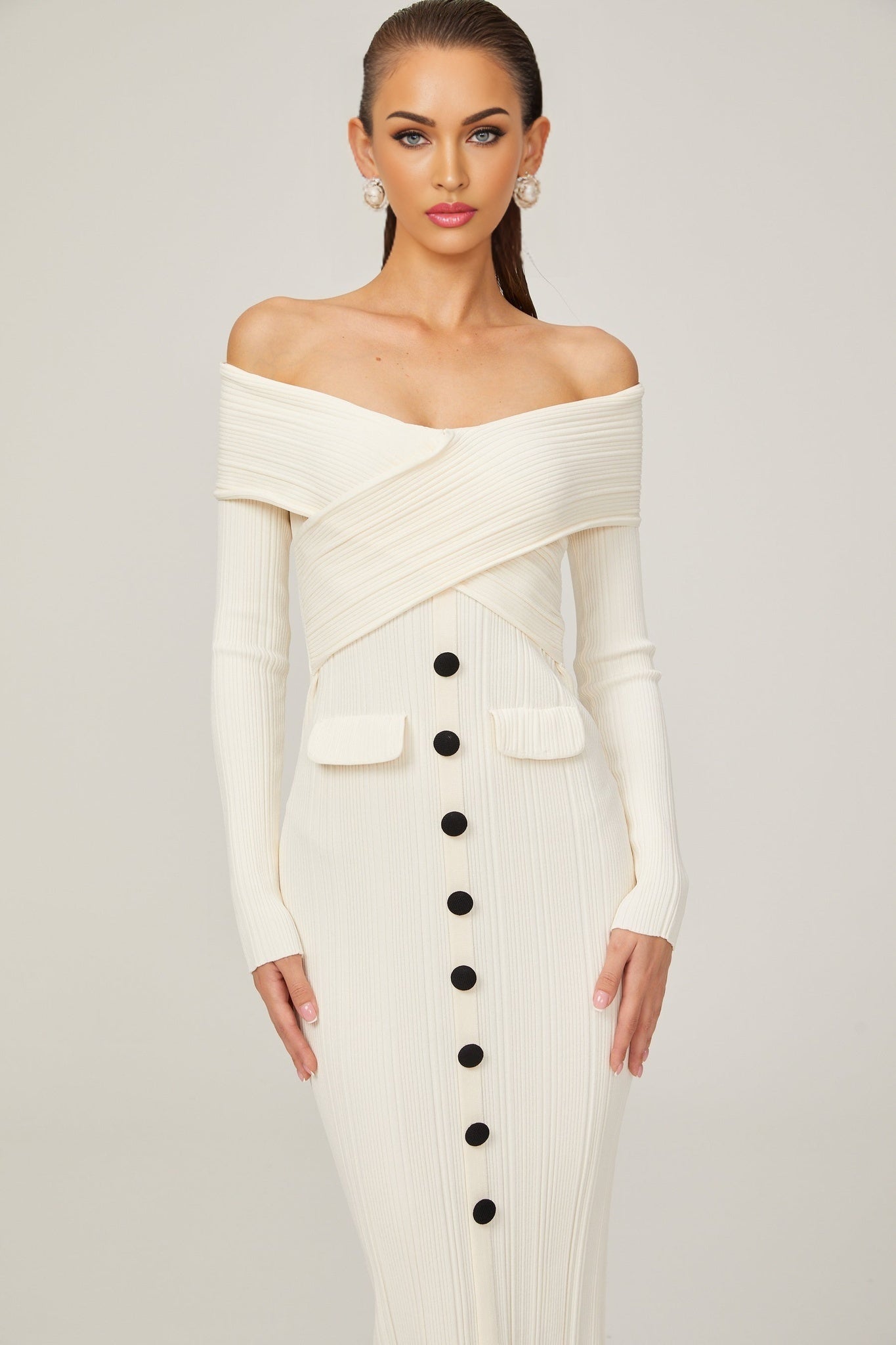 Karine white offshoulder ribknit midi dress