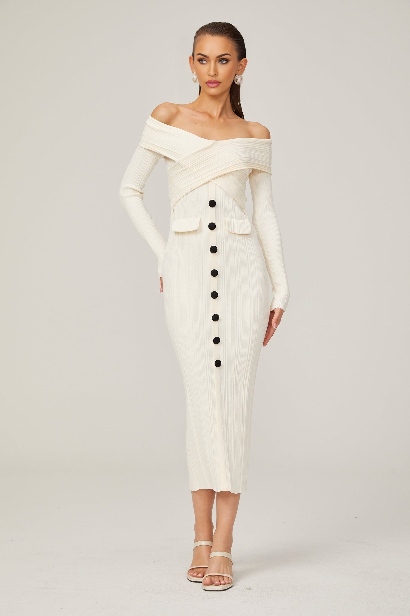 Karine white offshoulder ribknit midi dress