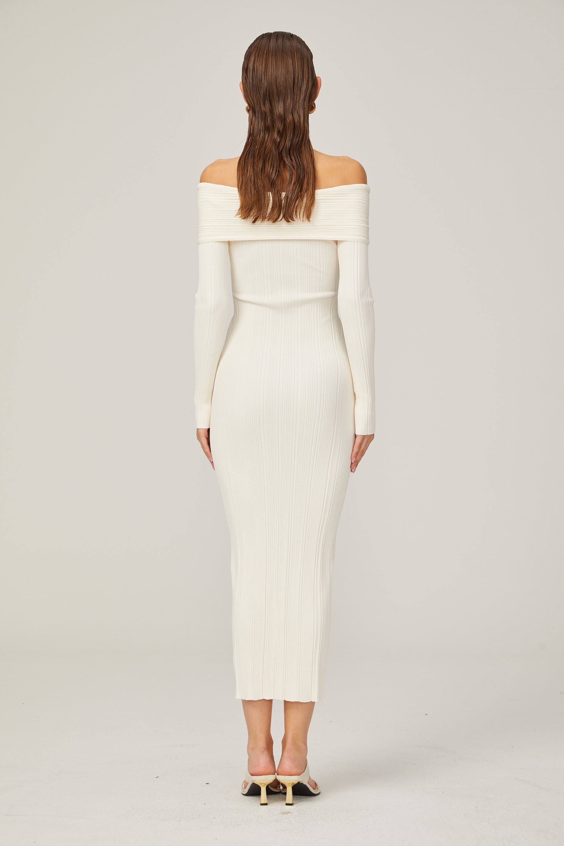 Karine white offshoulder ribknit midi dress