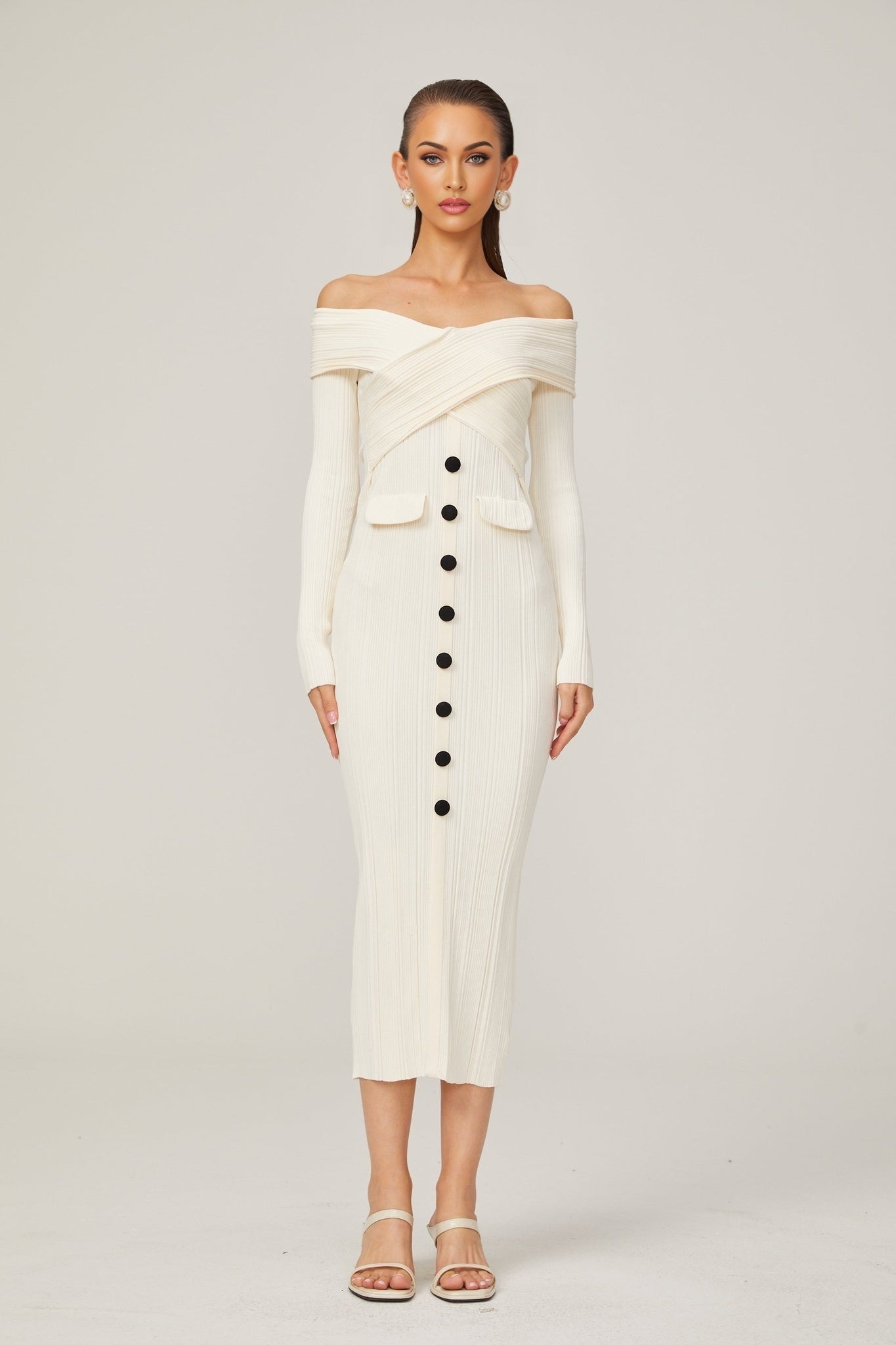 Karine white offshoulder ribknit midi dress