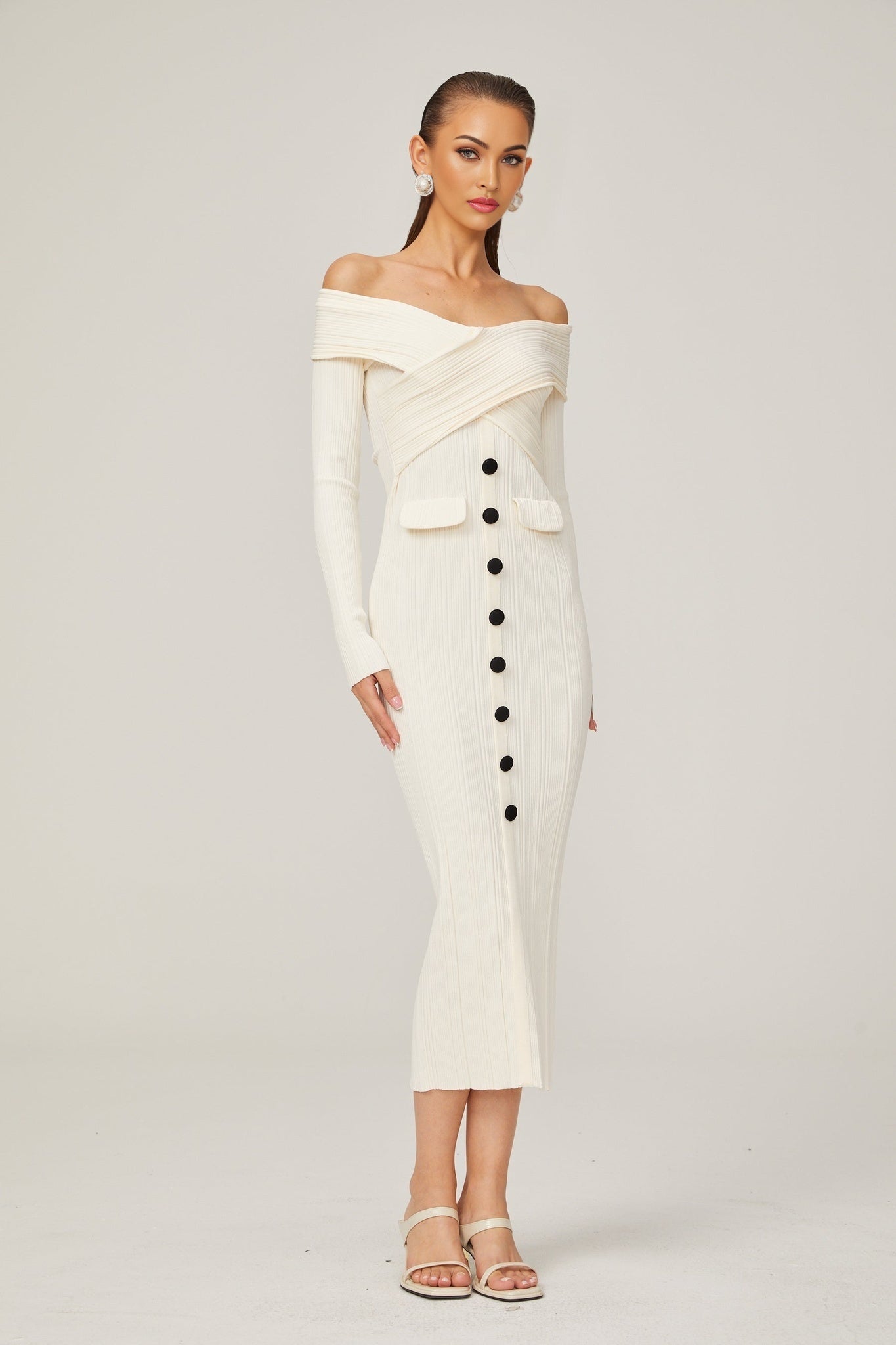 Karine white offshoulder ribknit midi dress