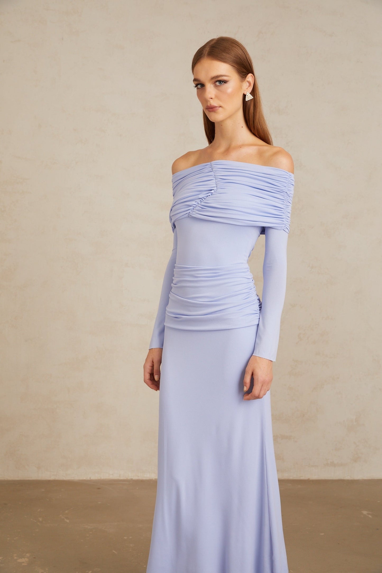 Katia Light Blue OffShoulder Ruched Maxi Dress