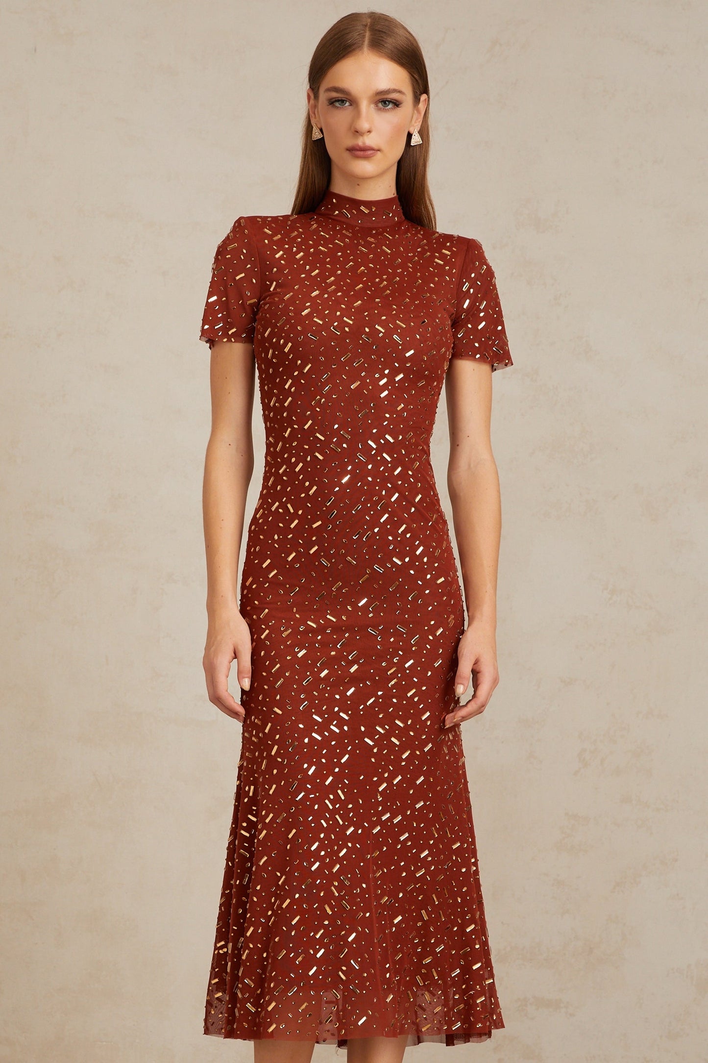 Kenza Brown Embellished Flared Tulle Midi Dress