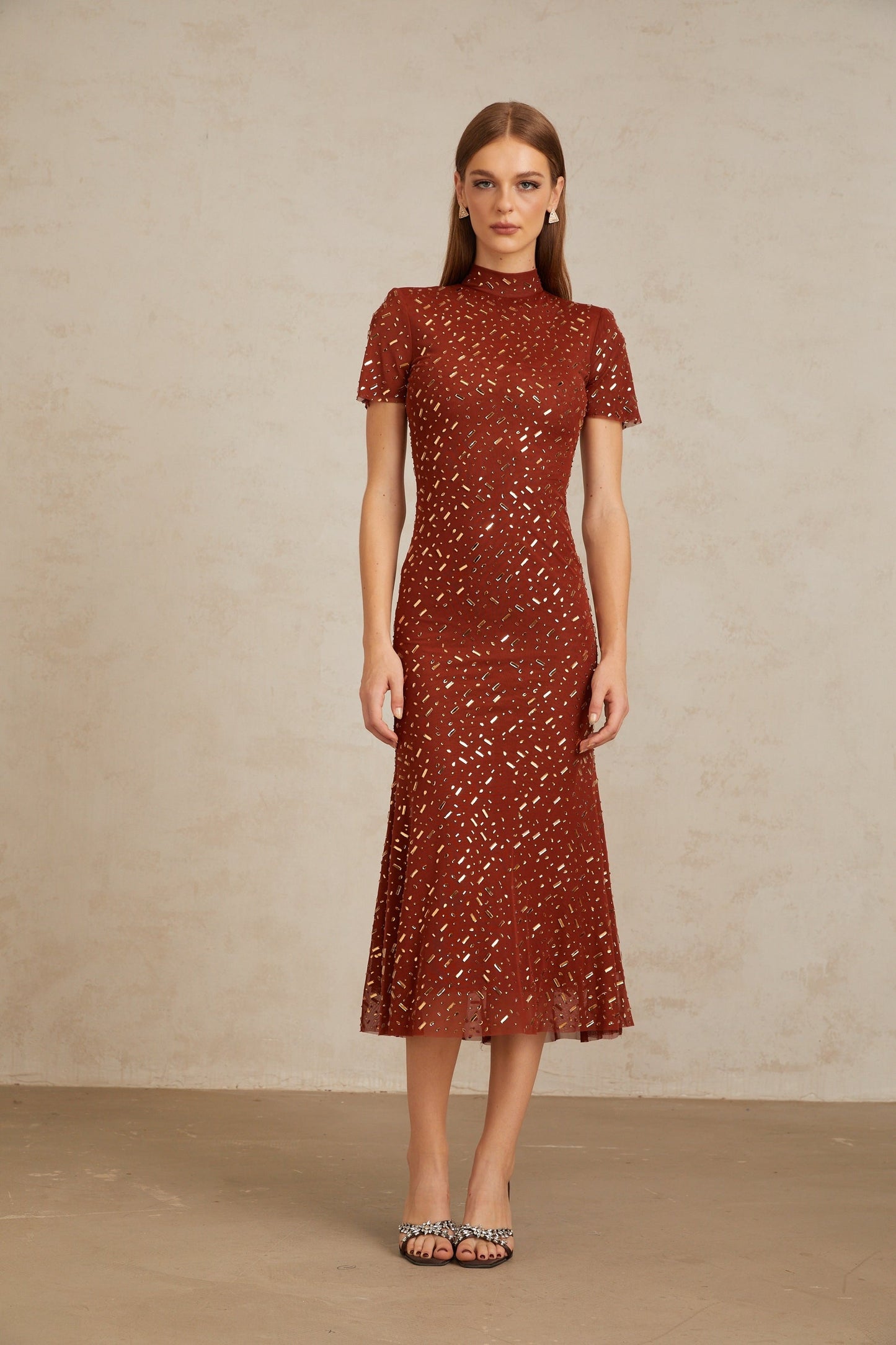 Kenza Brown Embellished Flared Tulle Midi Dress