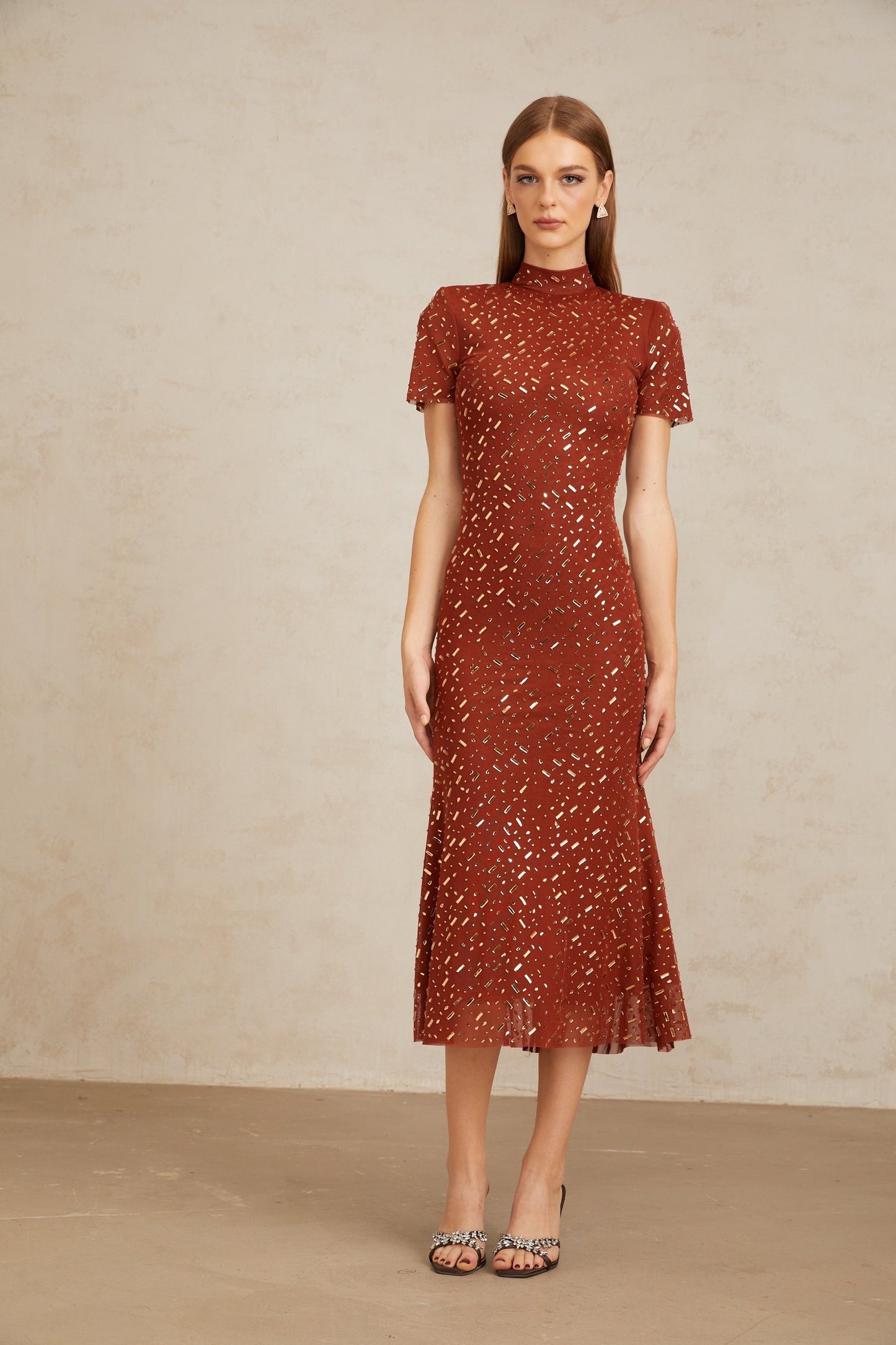 Kenza Brown Embellished Flared Tulle Midi Dress