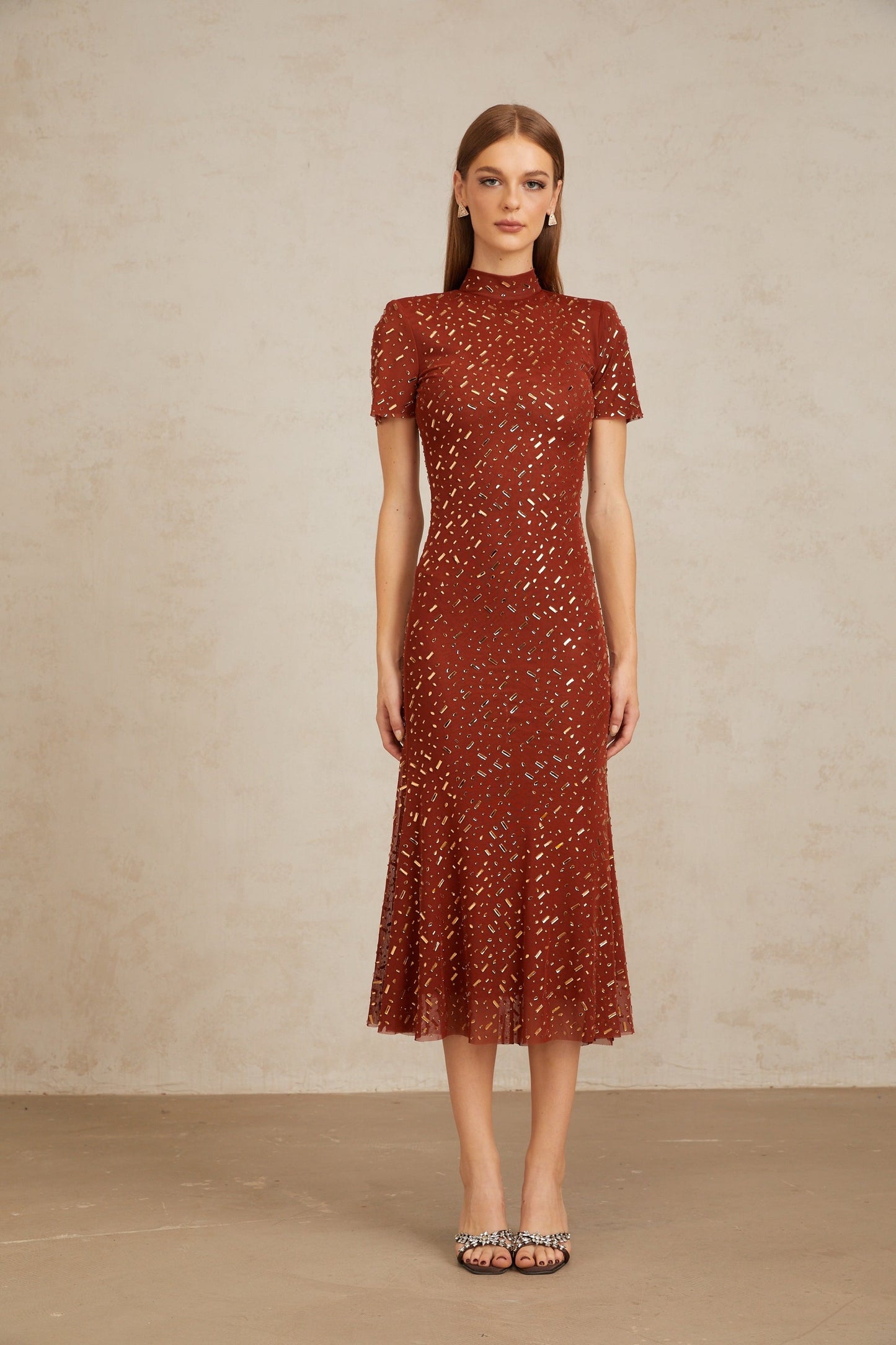 Kenza Brown Embellished Flared Tulle Midi Dress