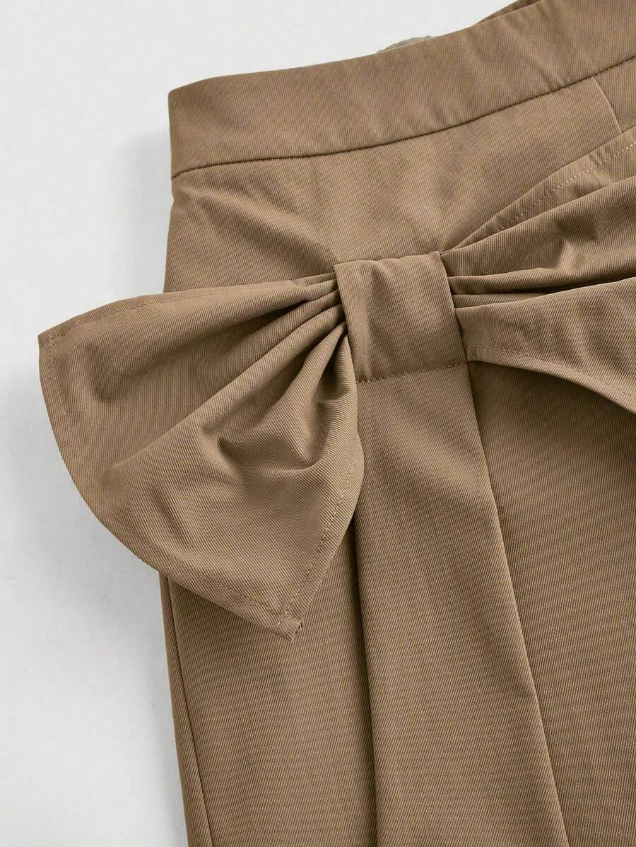 Khaki 3D Big Bow And Skirt Patch TrousersFall Clothes ClothesAsymmetrical Pants