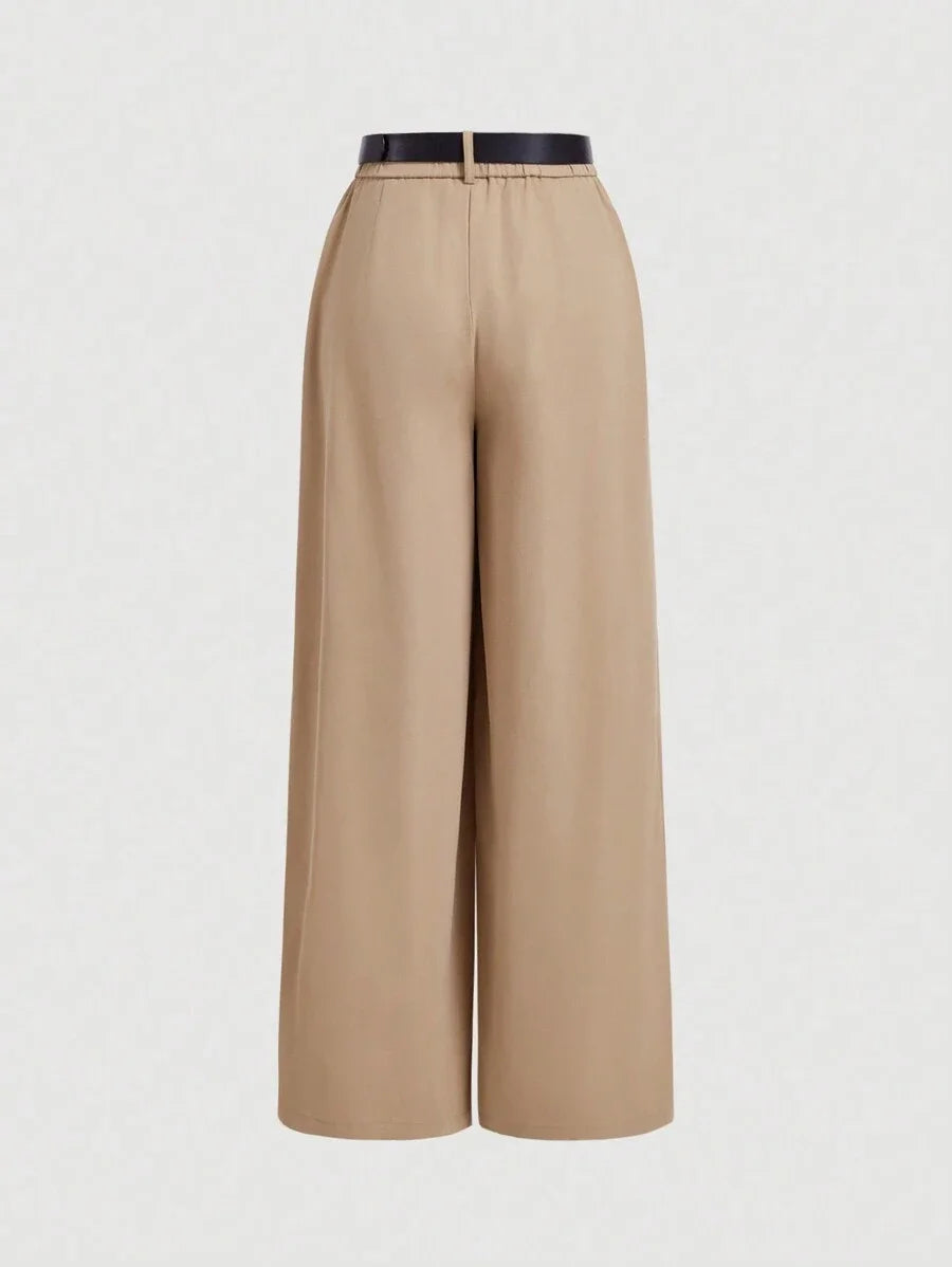Khaki Belted Wide Leg Trousers For Women With Pleats Casual And Loose For CommutingFree Leash