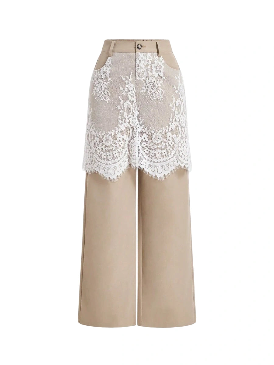 Khaki Lace Overlay 2 In 1 Jumpsuit With Straight Pants Womens TrousersRave Festival OutfitsRetro