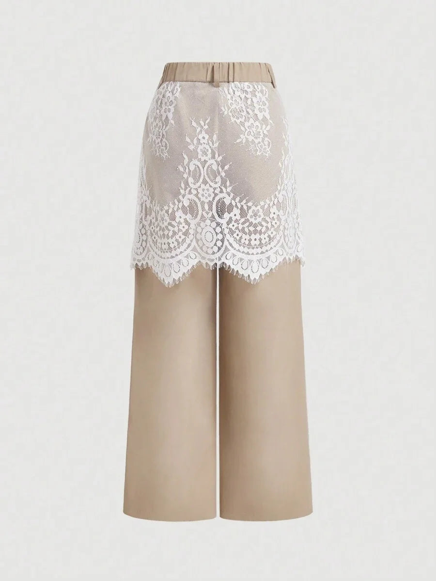 Khaki Lace Overlay 2 In 1 Jumpsuit With Straight Pants Womens TrousersRave Festival OutfitsRetro