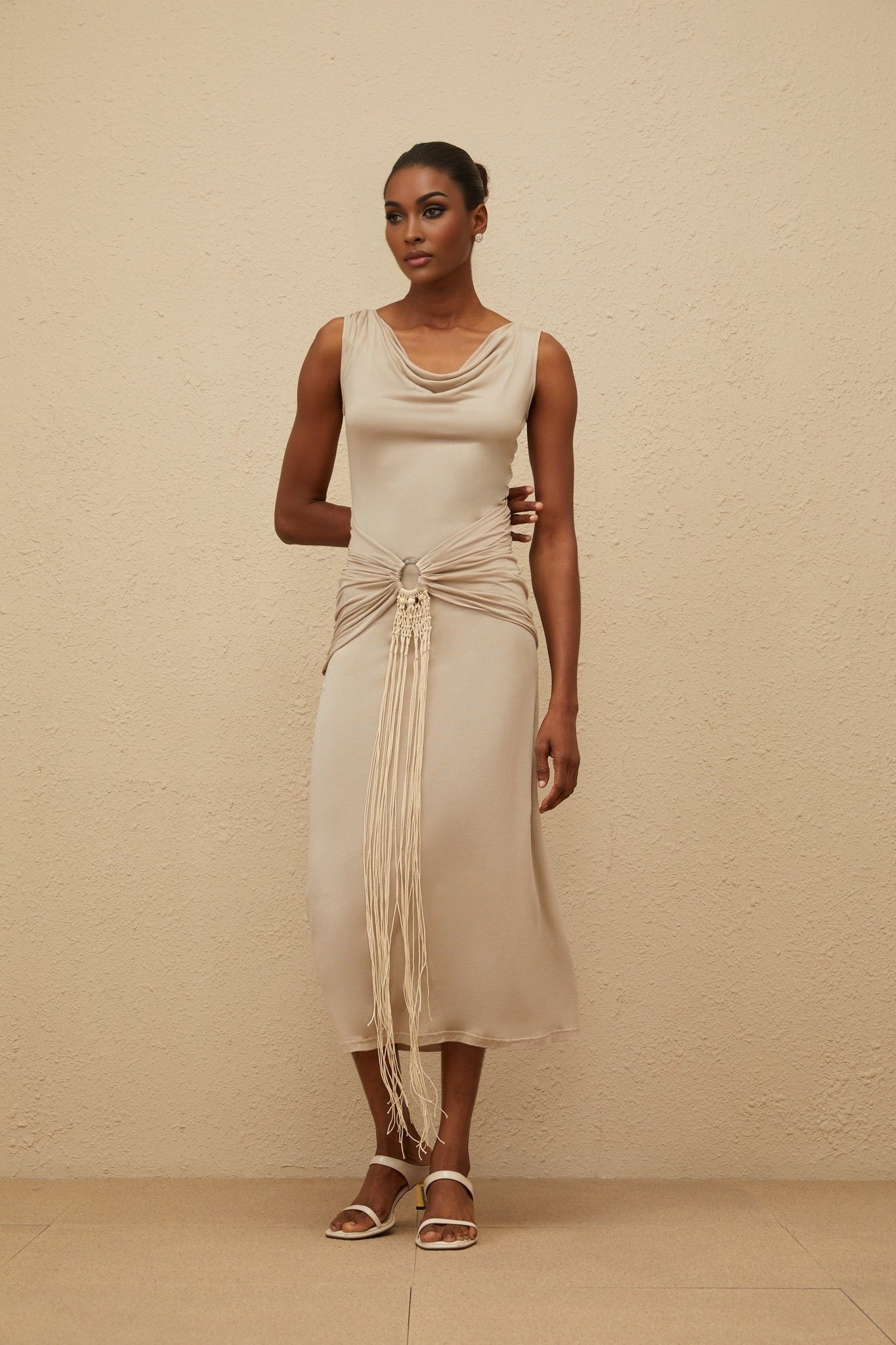 Khaki Neutrals Cowl Neck Sleeveless Cinched Waist Ruched Fringed Draped Asymmetrical Hem Shift Style Midi Length Dress