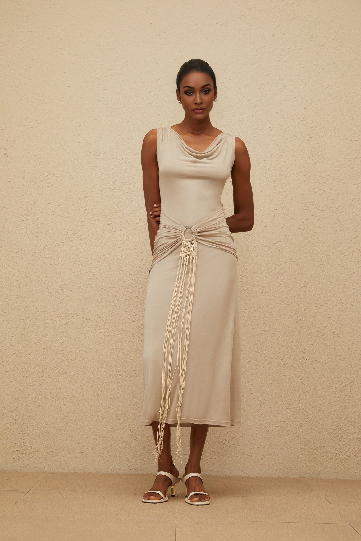 Khaki Neutrals Cowl Neck Sleeveless Shift Dress with Ruched, Fringed, and Draped Detailing