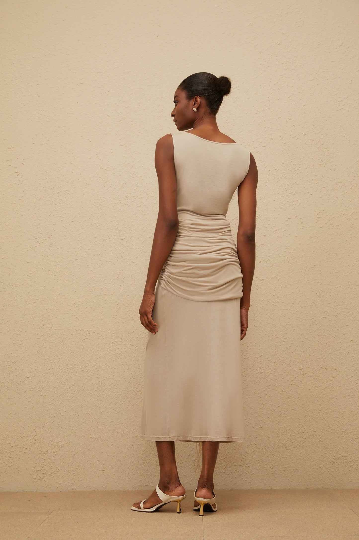 Khaki Sleeveless Cowl Neck Midi Dress in Neutrals