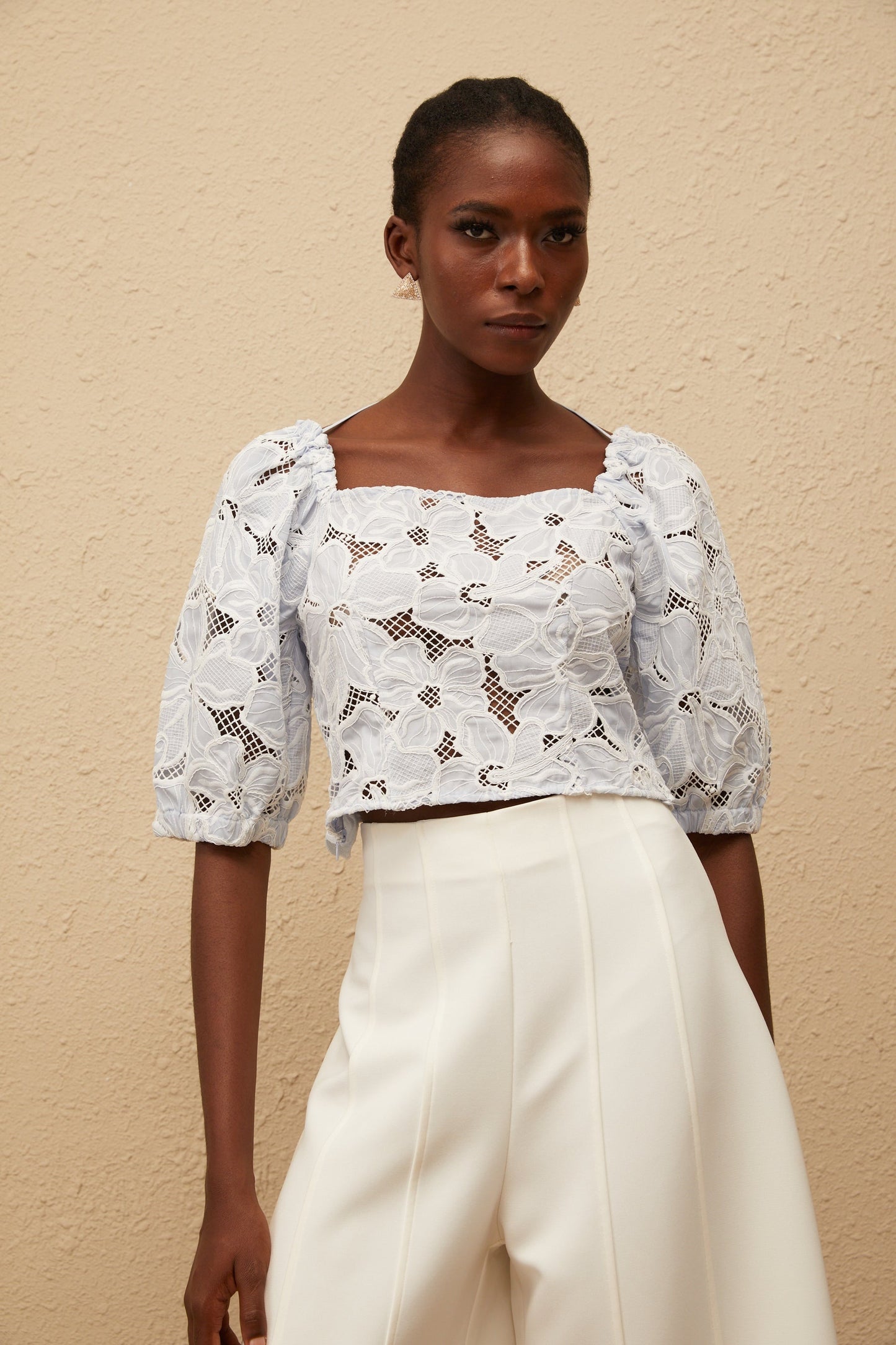 Kirsti Blue Crochet Floral Jacquard Crop Top