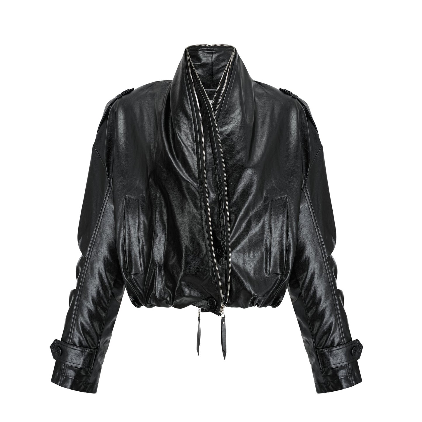 Kurze braune Lederjacke mit Steppdetails und Reissverschluss