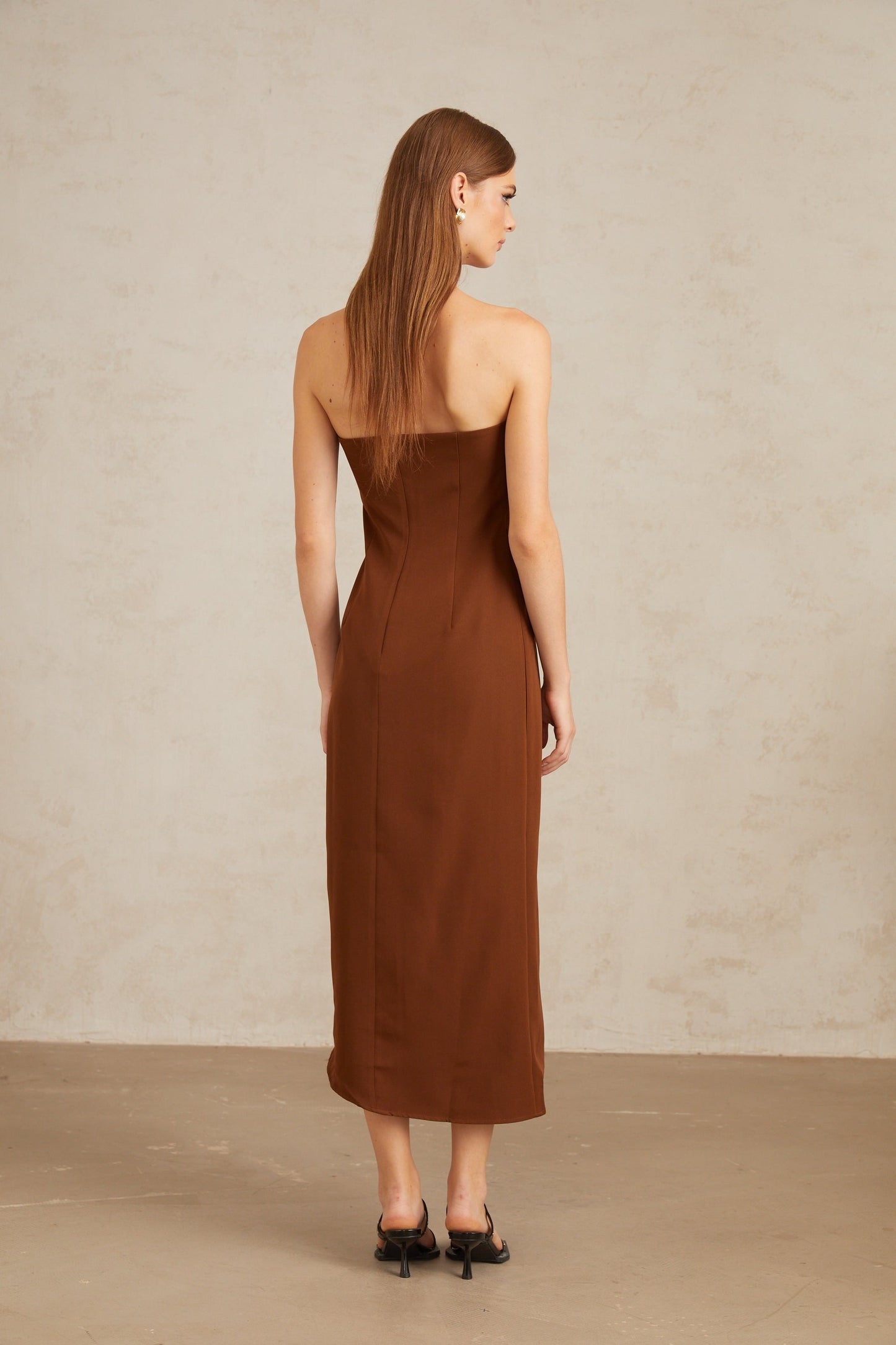 Kyliegh Brown Asymmetrical OffShoulder Midi Dress