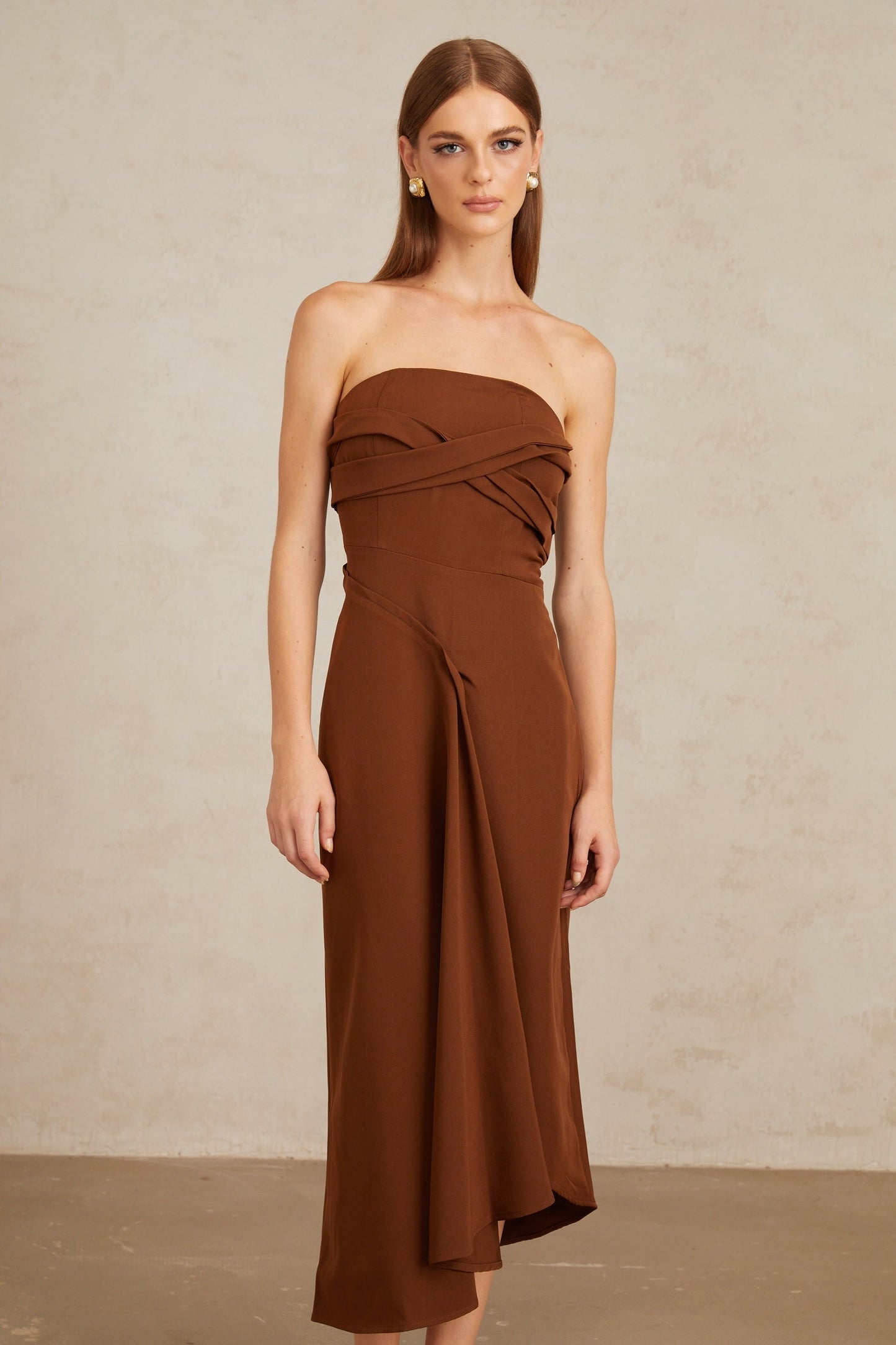 Kyliegh Brown Asymmetrical OffShoulder Midi Dress