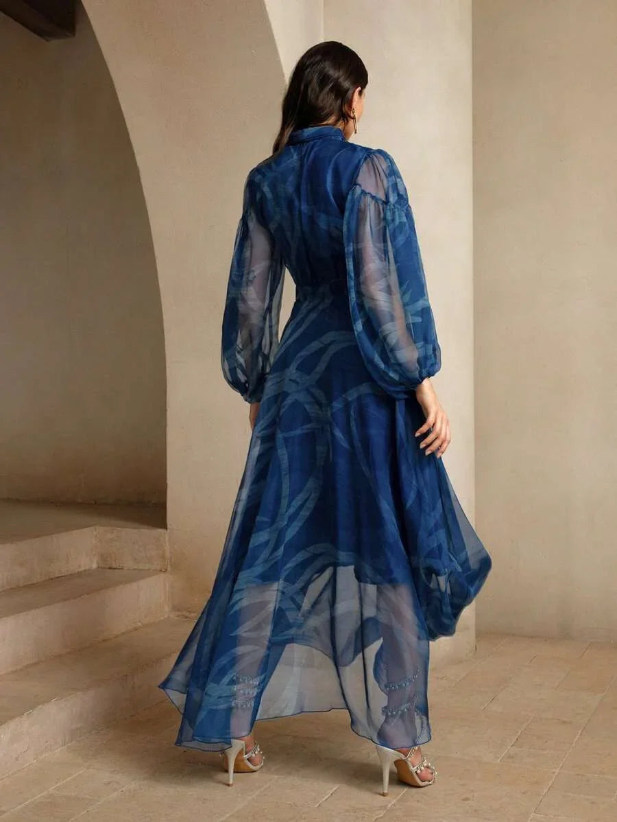 Ladies Delicate Klein Blue Ribbon Printed Dress Maxi Women Outfit