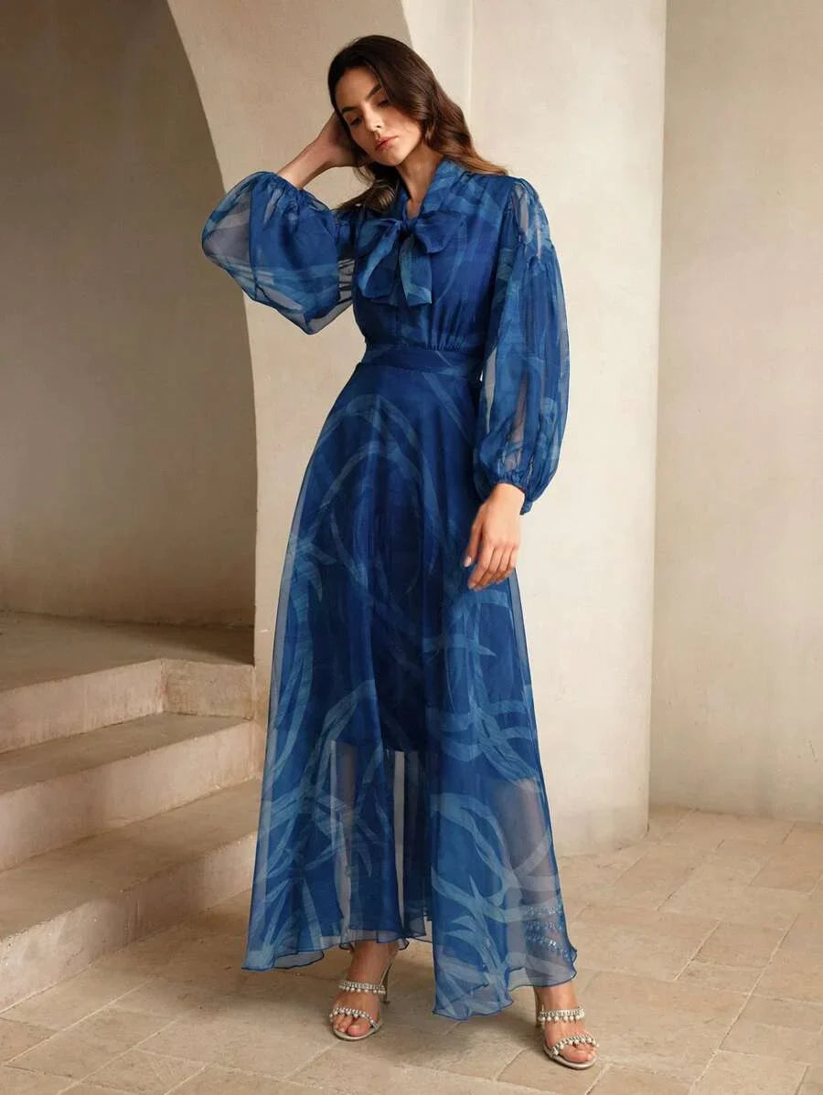 Ladies Delicate Klein Blue Ribbon Printed Dress Maxi Women Outfit